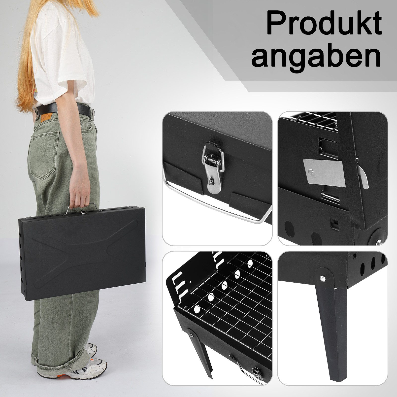 LALAHO Holzkohlegrill Holzkohlegrill Tragbarer mit Deckel, Tischgrill Klappgrill für Camping, Garten, 44 x 27 x 47 cm – Bild 3 von 5
