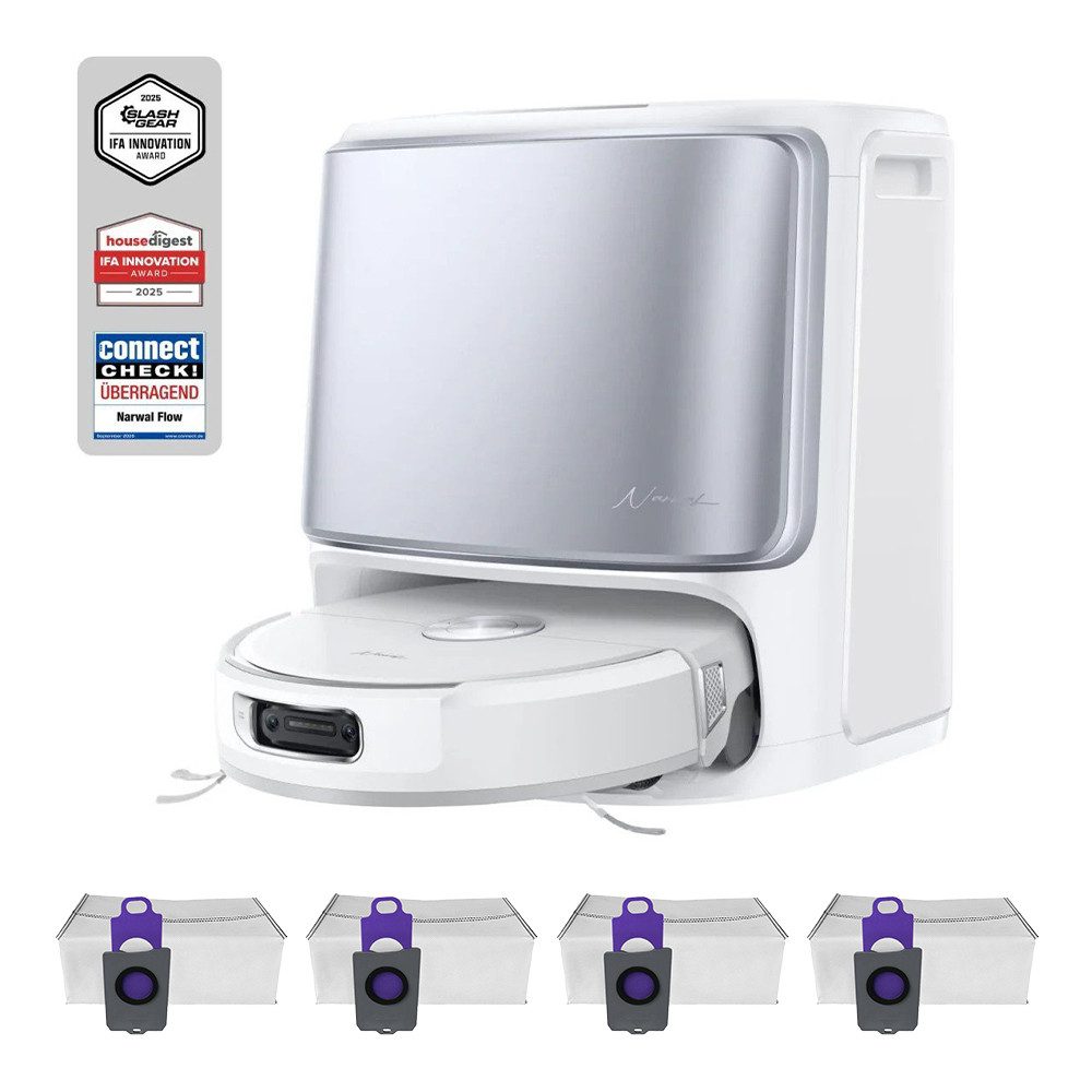 Narwal Saugroboter Freo Flow+ 4Pcs Staubbeutel, Tierhaare DualFlow Tangle-Frei, 45-80°C Spülen und Heißlufttrocknung