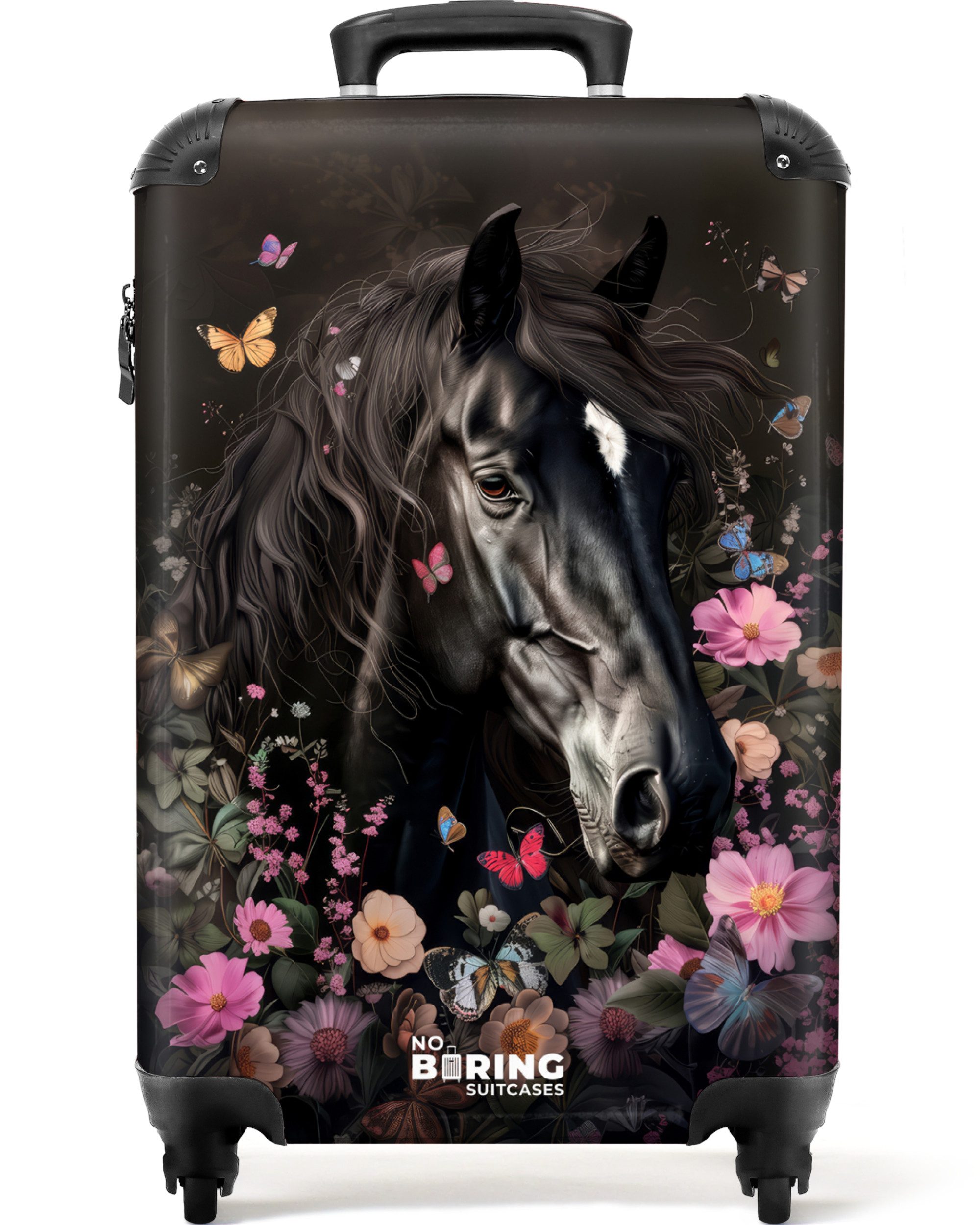 NoBoringSuitcases.com© Kinderkoffer Schwarzes Pferd mit weißer Blesse und bunten Blumen 55x35x20cm, Kinder Koffer Klein, Trolley Handgepäck, Reisekoffer