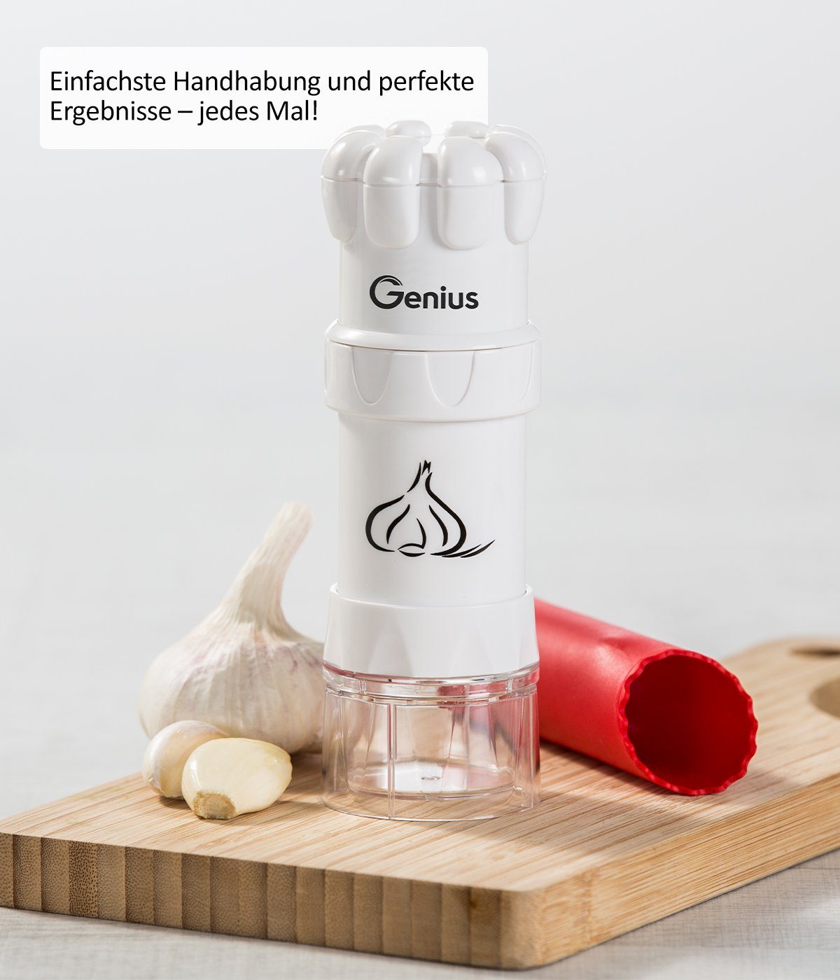 Genius Knoblauchschneider Knoblauchpresse G5 3-tlg, Knoblauchschneider Garlic Press, pikante kleine Würfel - sauber und dekorativ