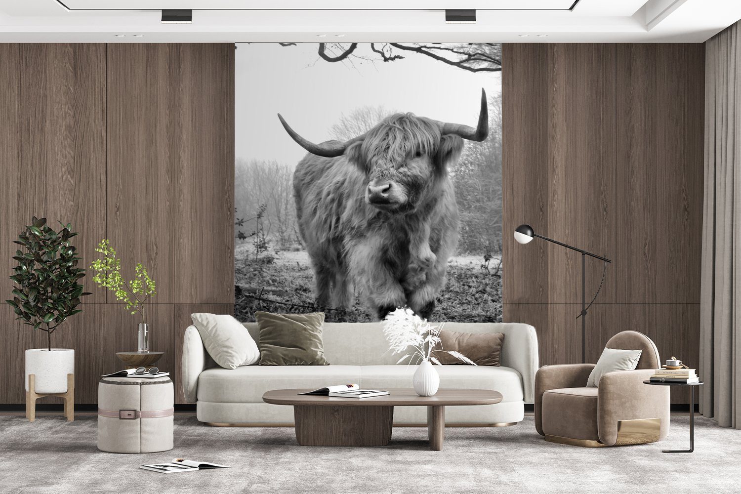 Natur, Highlander Wohnzimmer, St), Schottischer für MuchoWow Vinyl Kuh bedruckt, Montagefertig Matt, Tapete Tiere - - - Fototapete - Nebel Wandtapete Wald (4 -