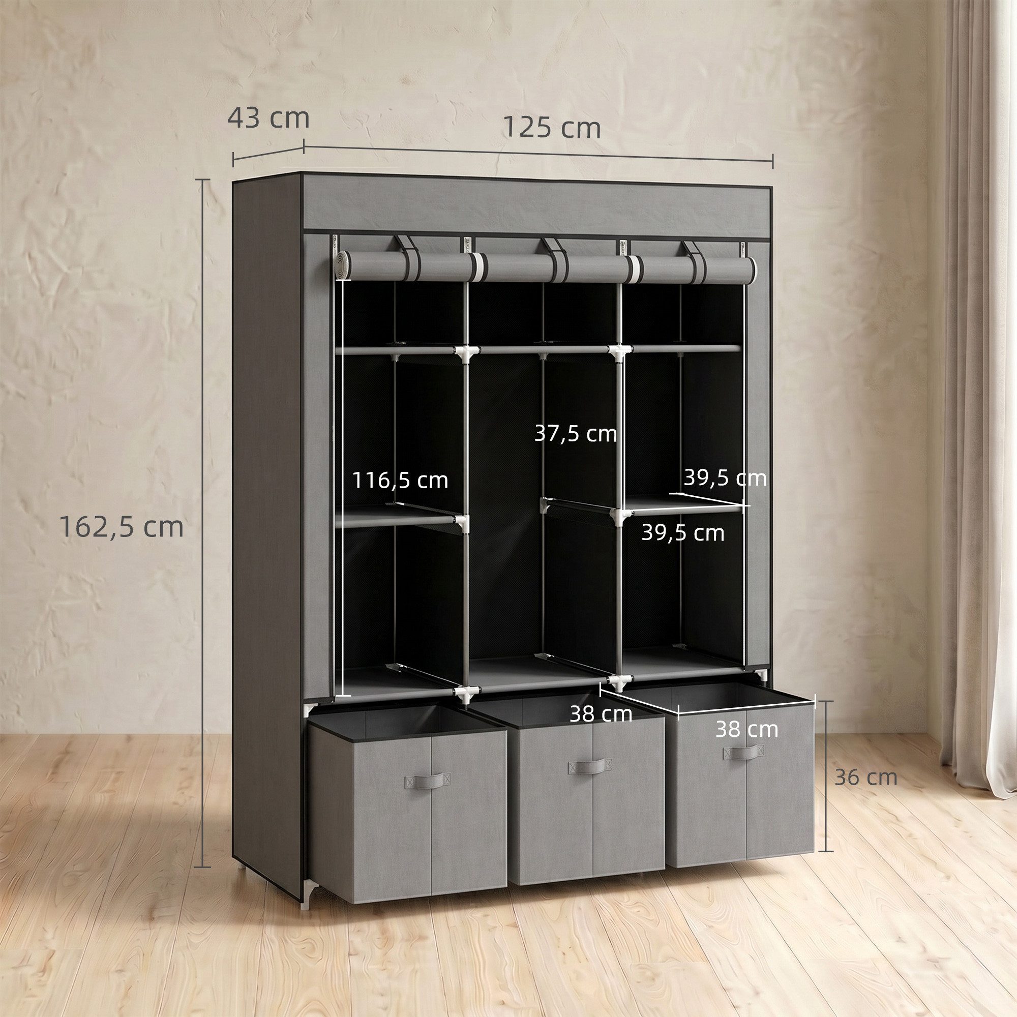 HOMCOM Stoffschrank Kleiderschrank mit Kleiderstange, Schubladen, Reißverschluss (Faltbare Garderobe, 1-St., Faltschrank) Dunkelgrau, 125 x 43 x 162,5 cm