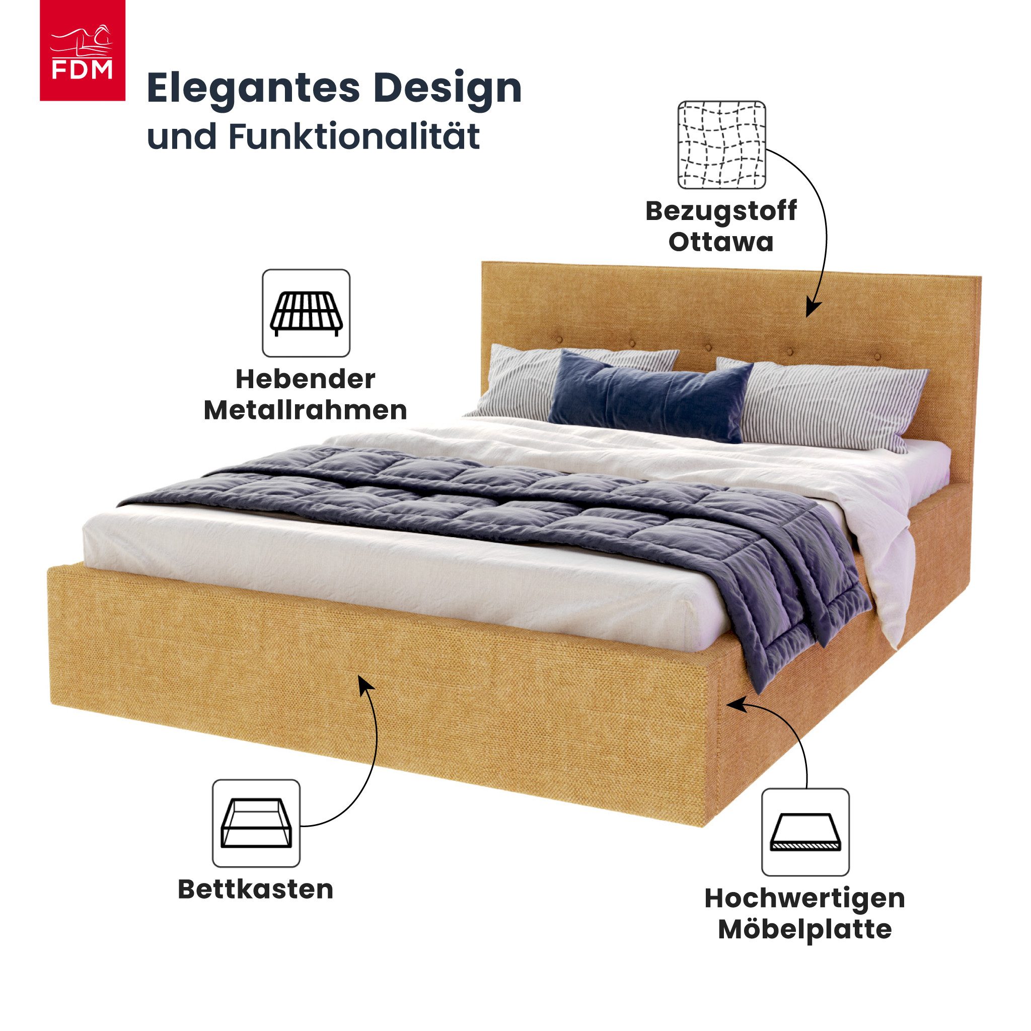 FDM Polsterbett BOHO Bettgestell 90x200, 120x200, 140x200, 160x200, 180x200cm (Polsterbett modern mit Bettkasten MADE IN EU - mit hochwertigem Ottawa Bezug, verfügbar 90x200 120x200 140x200 160x200 180x200cm, Bettrahmen, Bett, mit großen gepolsterten Kopfteil, mit Bettkasten zum aufklappen, Hebbarer Metallrahmen, Bettkasten, ohne Matratze), Hebbarer Metallrahmen, Bettkasten, ohne Matratze
