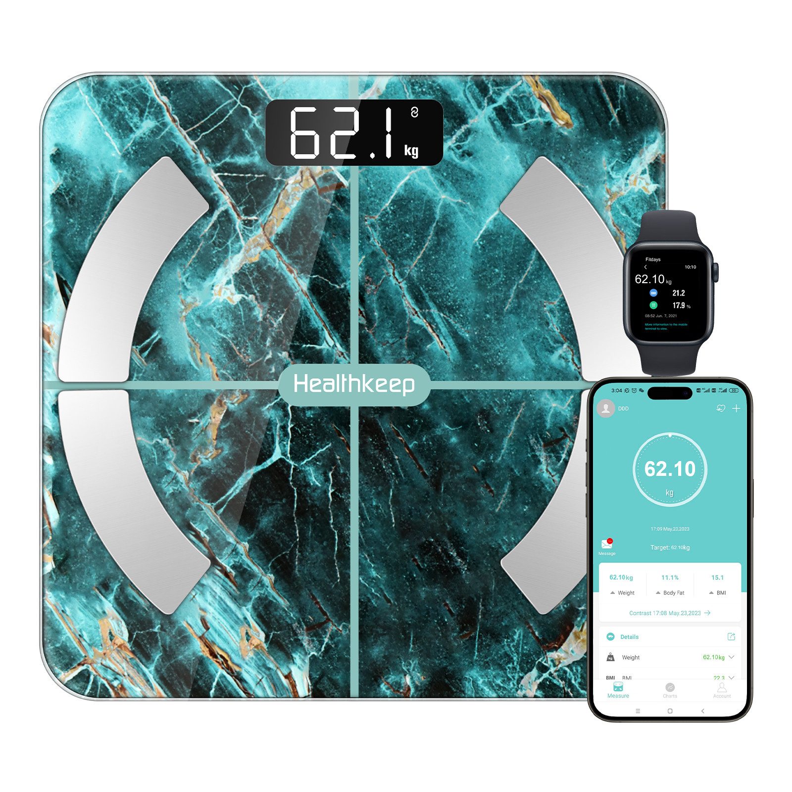 Healthkeep Körper-Analyse-Waage Smart-Waage für 13 Körperdaten Präzise Analyse Bluetooth-Verbindung, Misst 13 Körperdaten und synchronisiert sie mit deiner Smartphone-App, Android und iOS Max. 180kg/400lb/28st