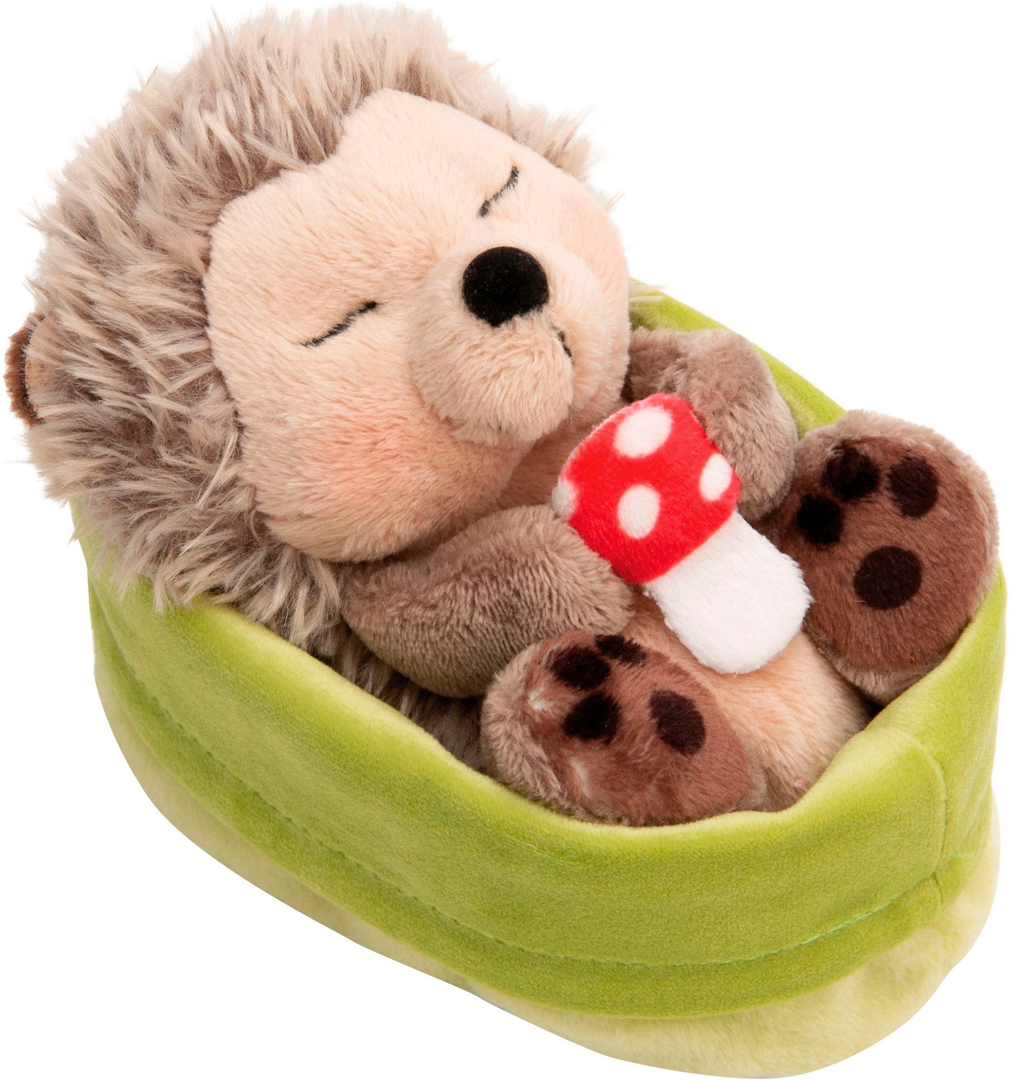 Nici Kuscheltier Sleeping Pets GREEN, Igel mit Fliegenpilz 12 cm hellgrün, schlafend im Körbchen