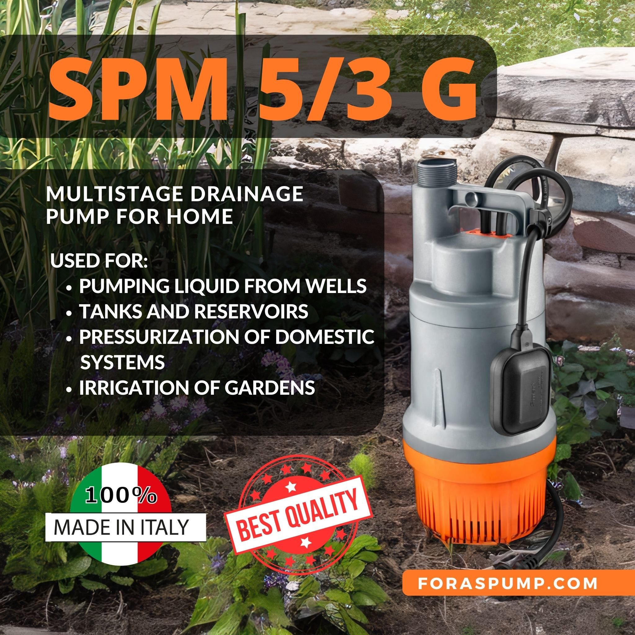 Thumbnail - Foras Pump Gartenpumpe Tauchpumpe SPM 5/3G mit Cabel 10m und Schwimschalter, 33 m 120 L/min