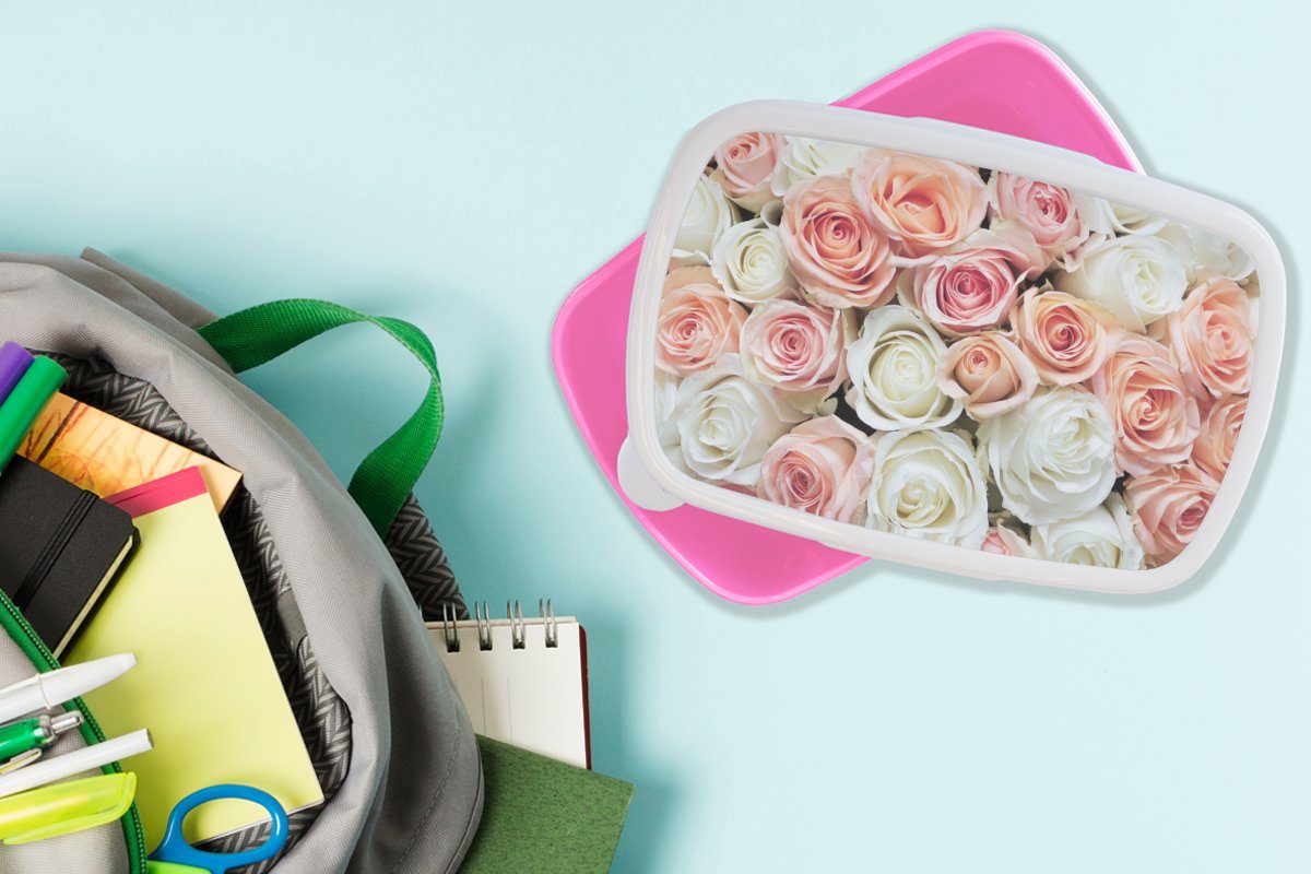 Blumen MuchoWow Rosa, (2-tlg), Mädchen, Kunststoff, Rosen Brotbox Lunchbox - - für Snackbox, - Erwachsene, Kinder, Kunststoff Brotdose Weiß