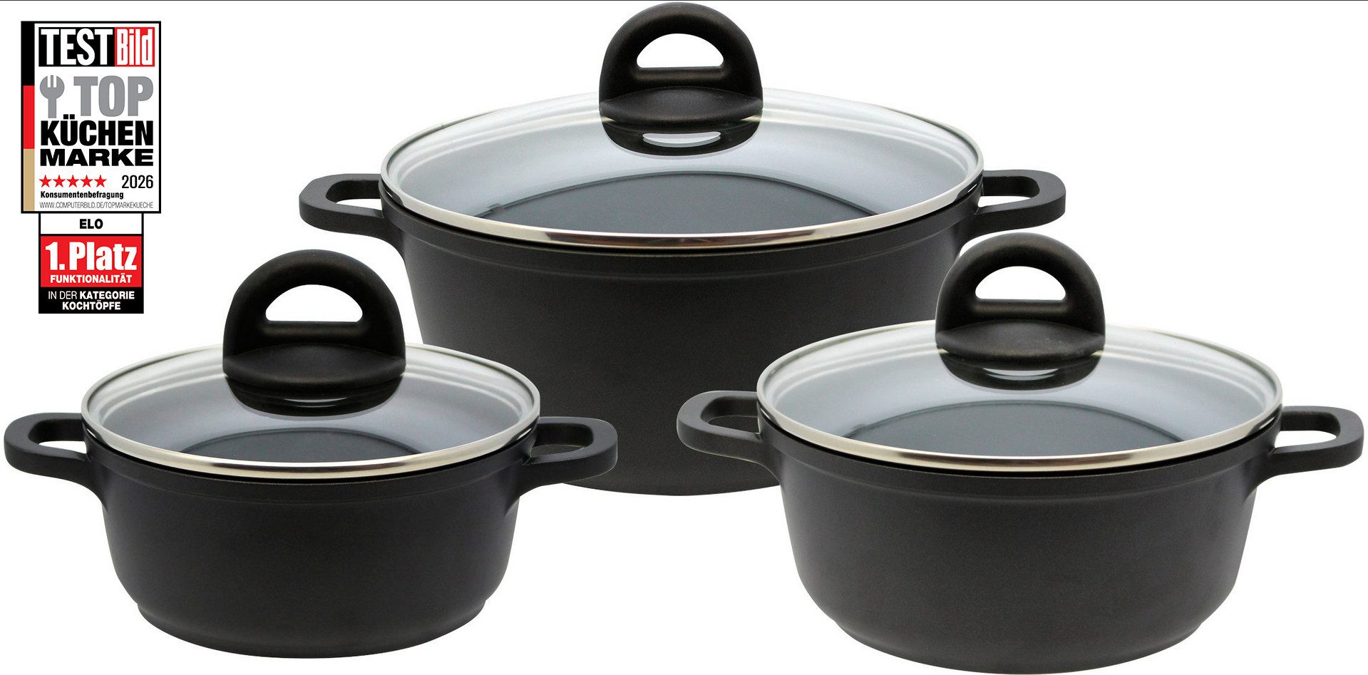 Elo Basic Topf-Set Black, Aluminiumguss (Set, 6-tlg., 3 Töpfe mit Deckel), mit hochwertiger Antihaftversiegelung, Induktion
