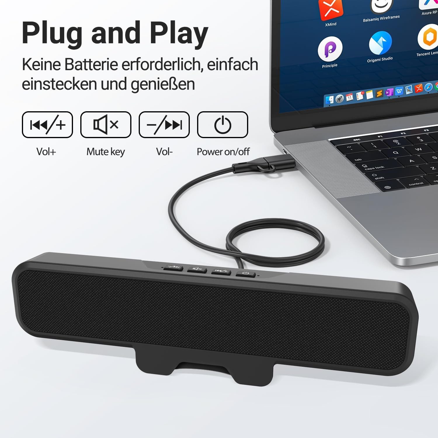 Toomoke 10W PC Lautsprecher, USB Monitor Speaker mit Clip-On, HD Stereo Sound PC-Lautsprecher (10 W, USB A/C für PC, Laptop, Desktop, Plug and Play, Akustikstoff)