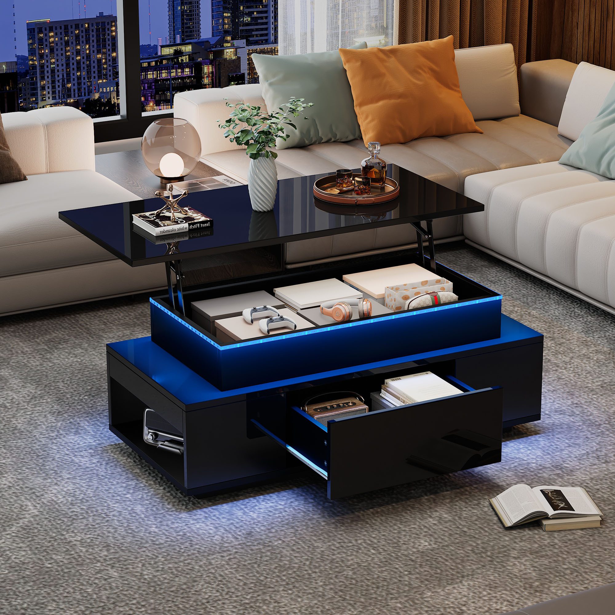 Merax Couchtisch höhenverstellbar Sofatisch Beistelltisch mit LED-Beleuchtung (1-St., Kaffeetisch 96x45x40cm), Lift-Top Wohnzimmertisch mit Schublade,Stauraum & – Bild 4 von 5