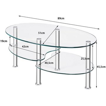 COSTWAY Glastisch, Couchtisch Glas, Oval, Metallrahmen, 50x90x45cm