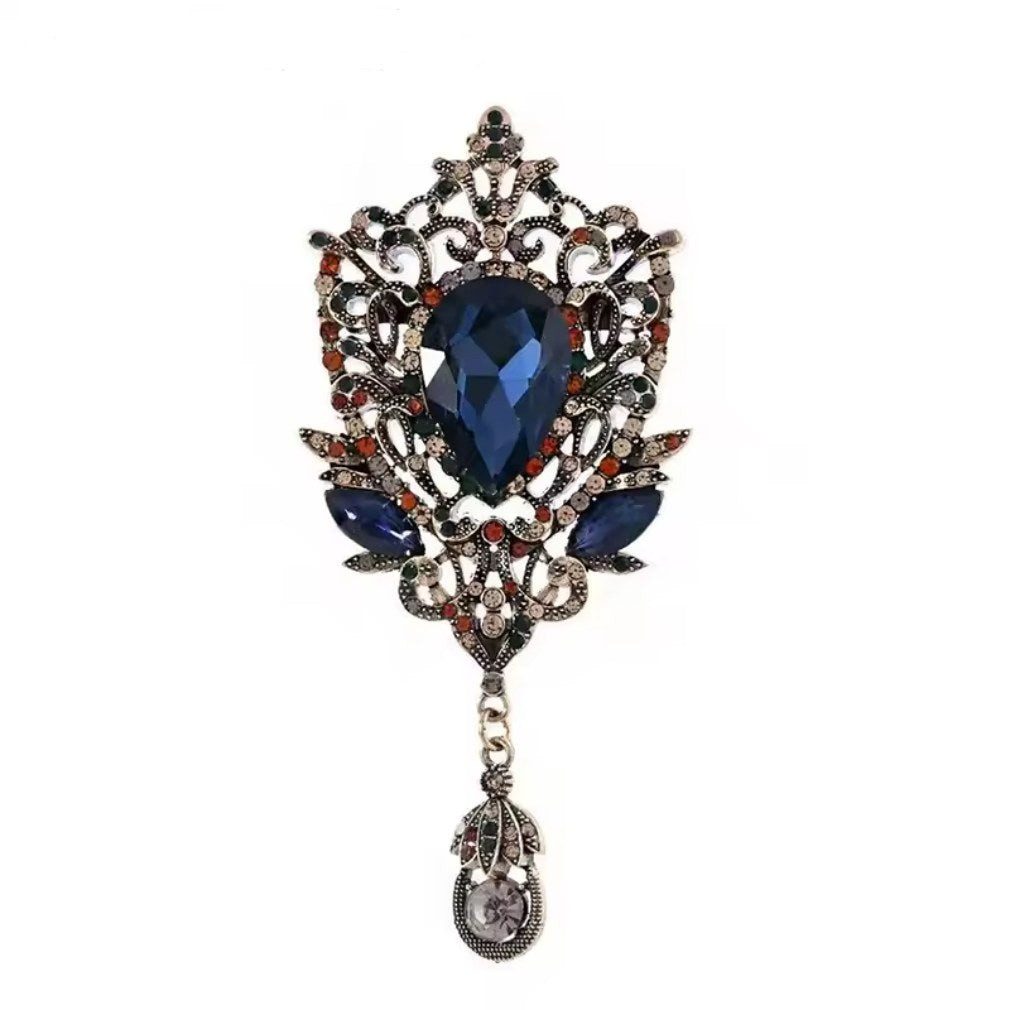 Dark-Desires Brosche Vintage Brosche mit blauem Kristall und Anhänger barock, Damen Brosche vintage Accesssoire retro Anstecknadel