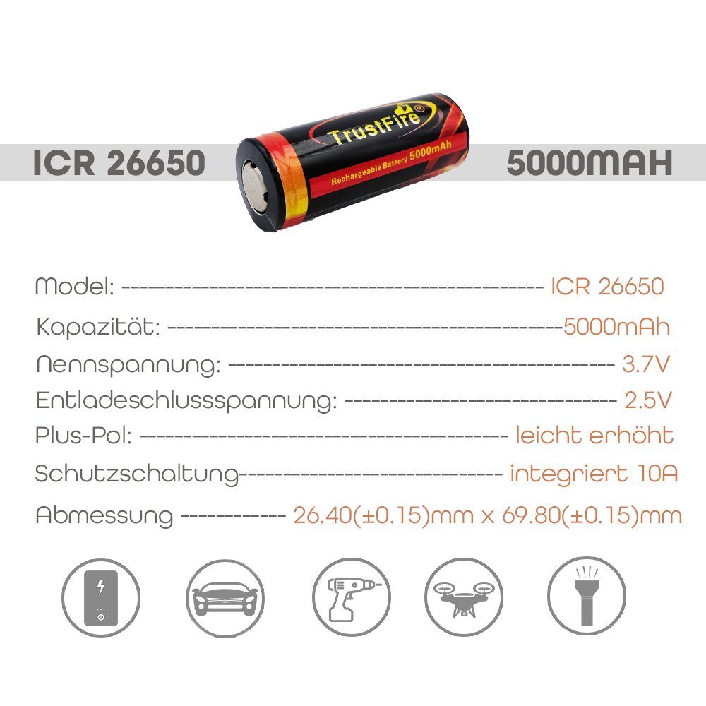 geschützt Akku, 26650 (3,7), Batterie 5000mAh Li-Ion Trustfire wiederaufladbare Akku
