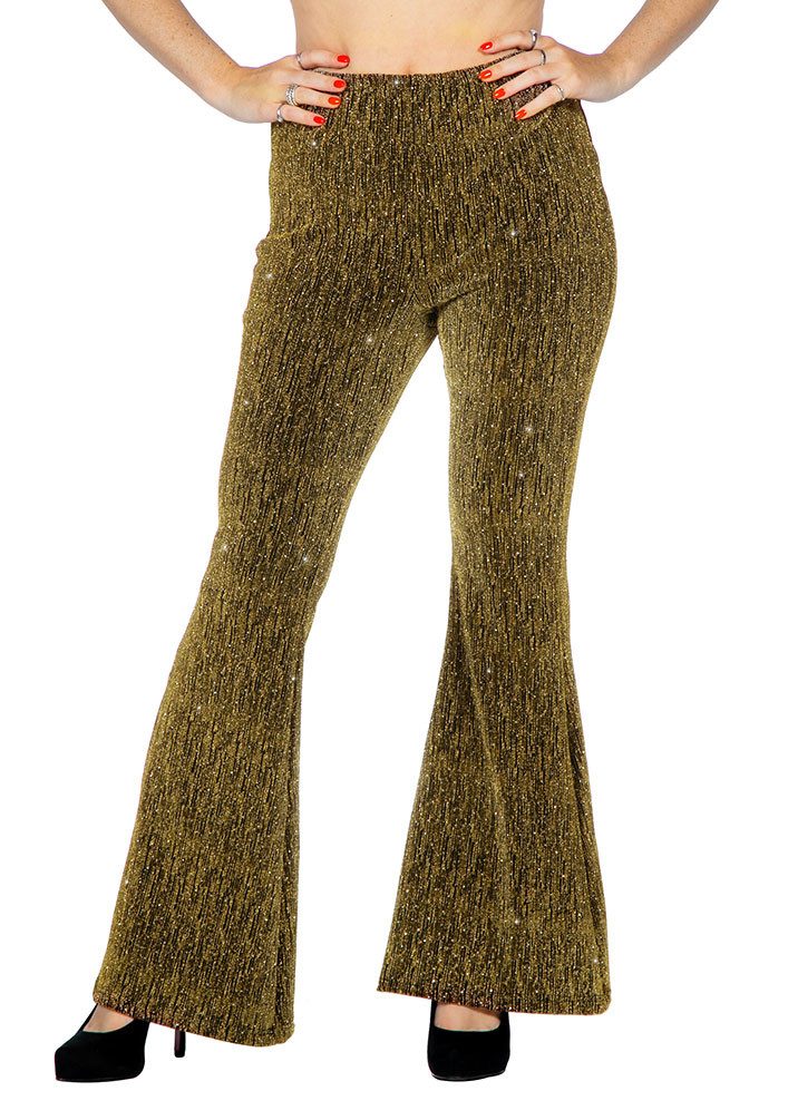 Karneval-Klamotten Kostüm Disco Damen Glitzer Schlaghose gold hochwertig, Party Hose elegant auffällig für Motto Party Feier Silvester Karneval