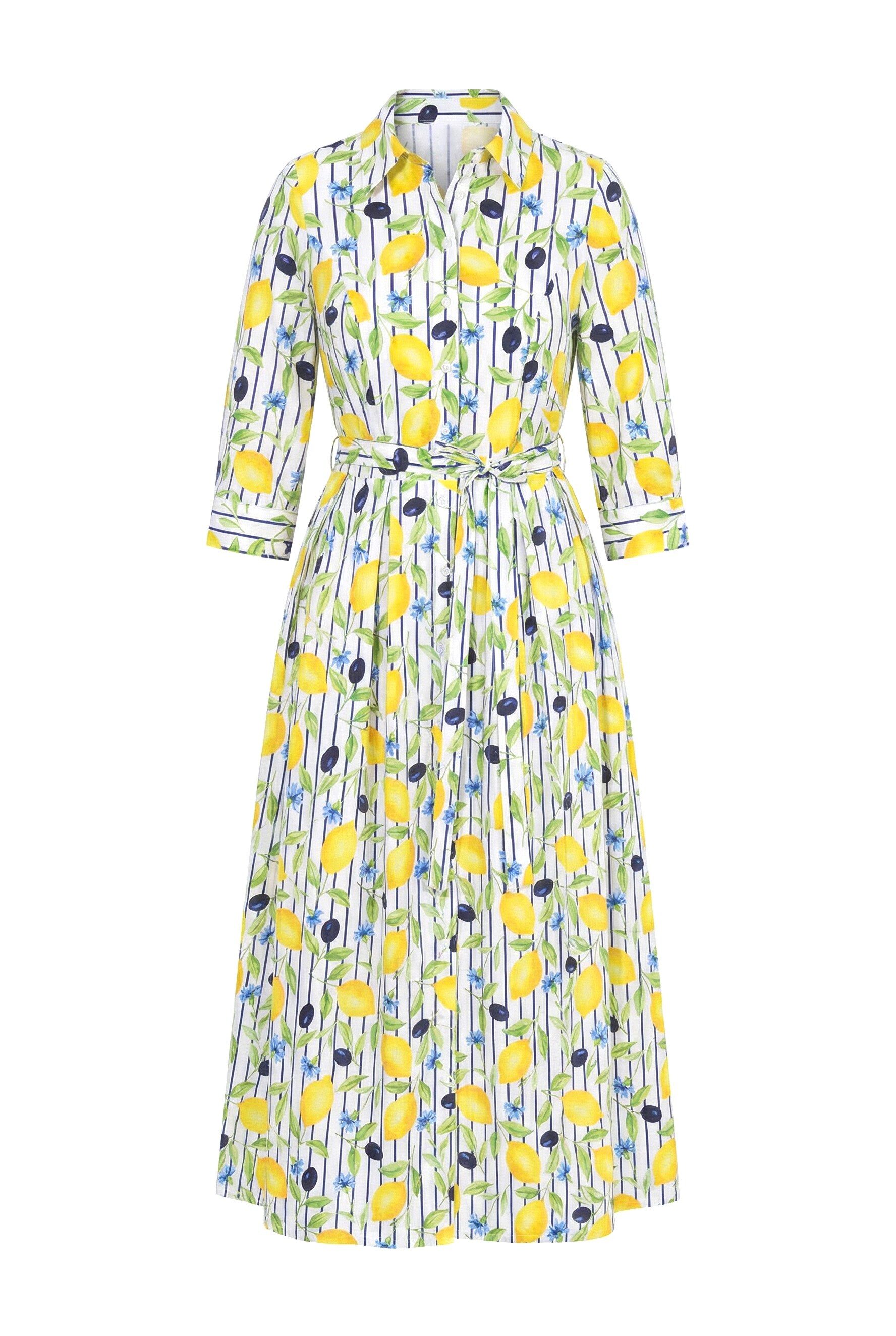 Ulla Popken Maxikleid Maxi-Hemdblusenkleid Zitronen Hemdkragen 3/4-Arm