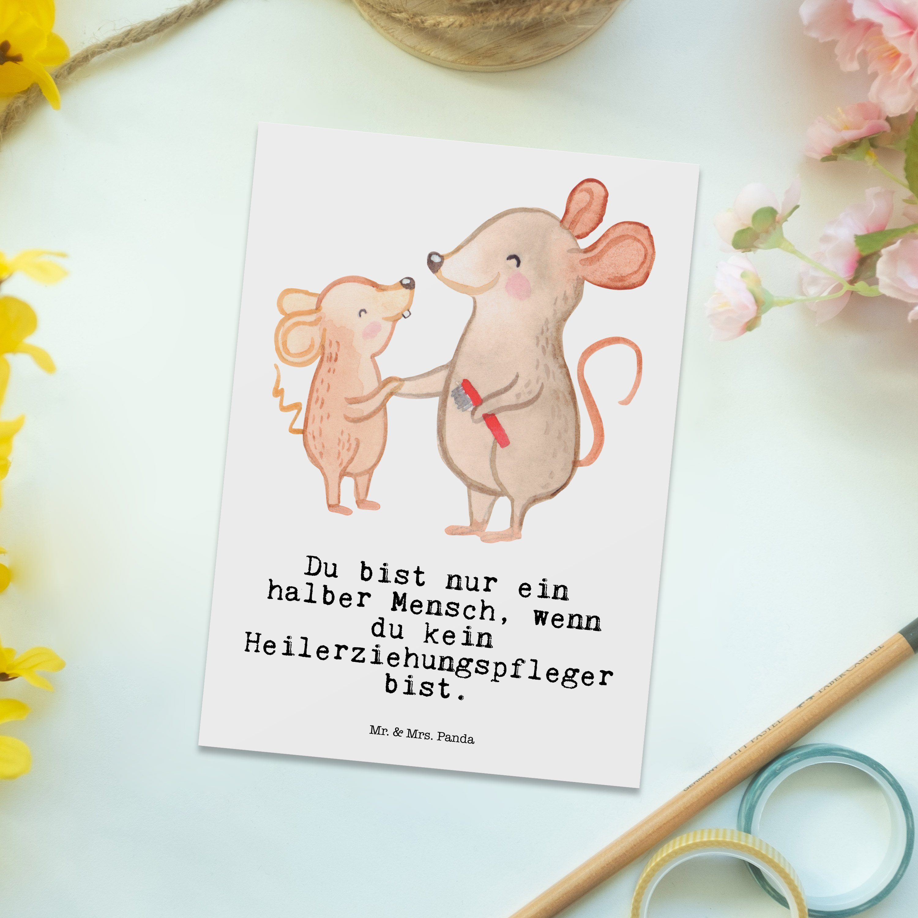 Mr. & Geschenk, Danke, Panda - Mrs. Heilerziehungspfleger Postkarte Einladung, Herz mit Weiß E 