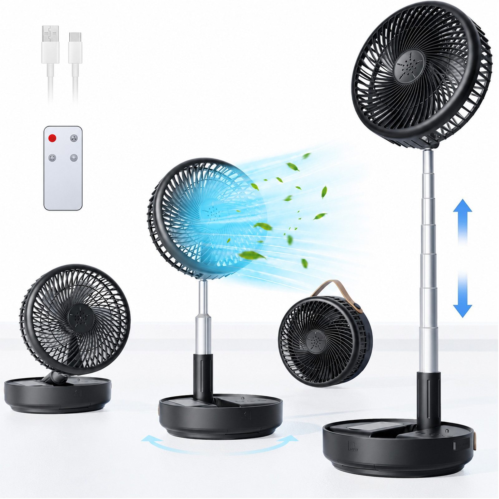 MOPUEA Akku-Standventilator Akku-Standventilator Faltbar Höhenverstellbar Fernbedienung Tragbar, 10400 mAh Akku leise faltbar 90° Schwenkung 8 Std Timer