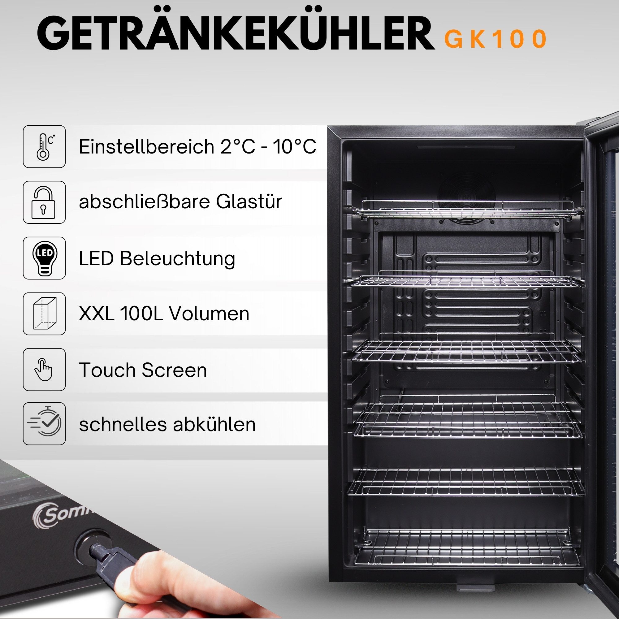 Sommertal Getränkekühlschrank GK100, 85 cm hoch, 48 cm breit, Touchscreen & Schloss kleiner Flaschenkühlschrank schwarz 100L – Bild 2 von 5