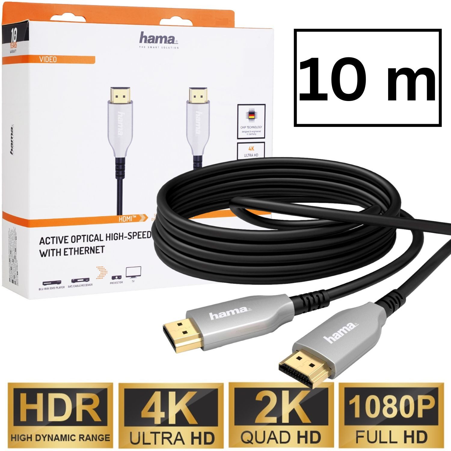 Hama 10m HDMI-Kabel Lang Anschluss-Kabel Optisch Aktiv Video-Kabel, HDMI, (1000 cm), AOT 4K UHD Full HD TV 3D HD TV LED LCD OLED Plasma vergoldete Stecker