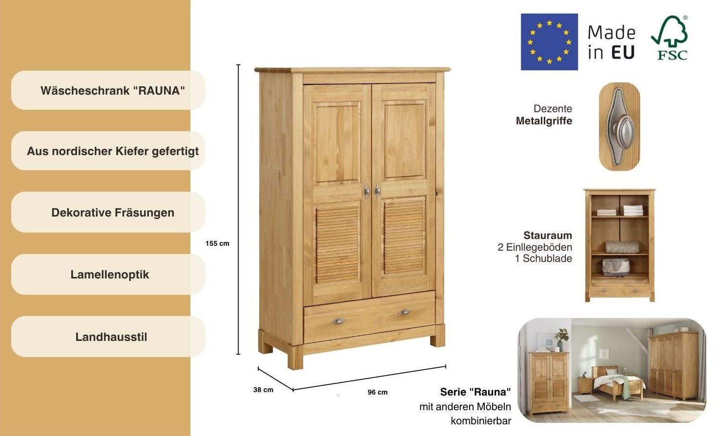 OTTO home Wäscheschrank Rauna (B/H/T ca. 96/155/38 cm) aus massiver Kiefer, FSC®, 2-türig, 96cm breit