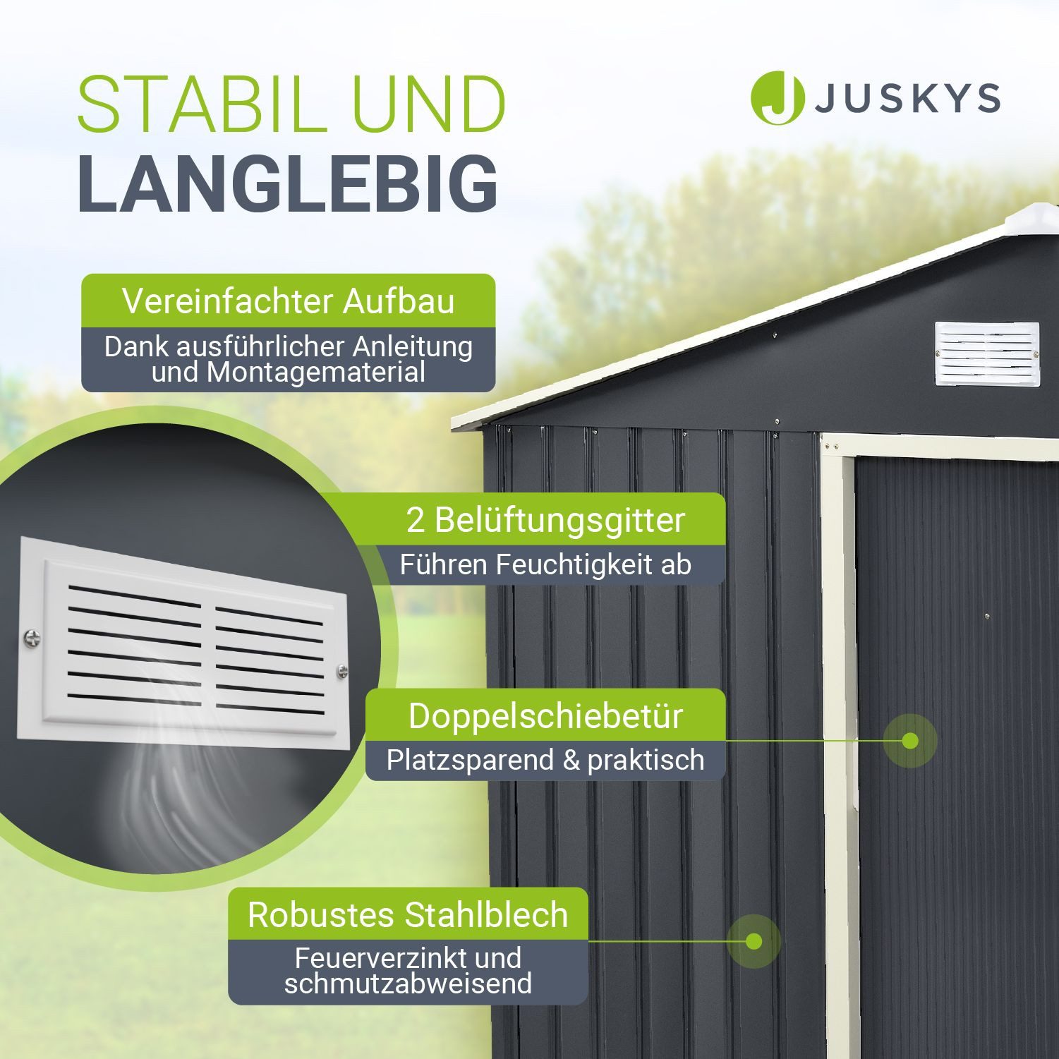 Juskys Gartenhaus XL, BxT: 280x196 cm, mit Satteldach, Schiebetür, Fundamentrahmen, 9 m³