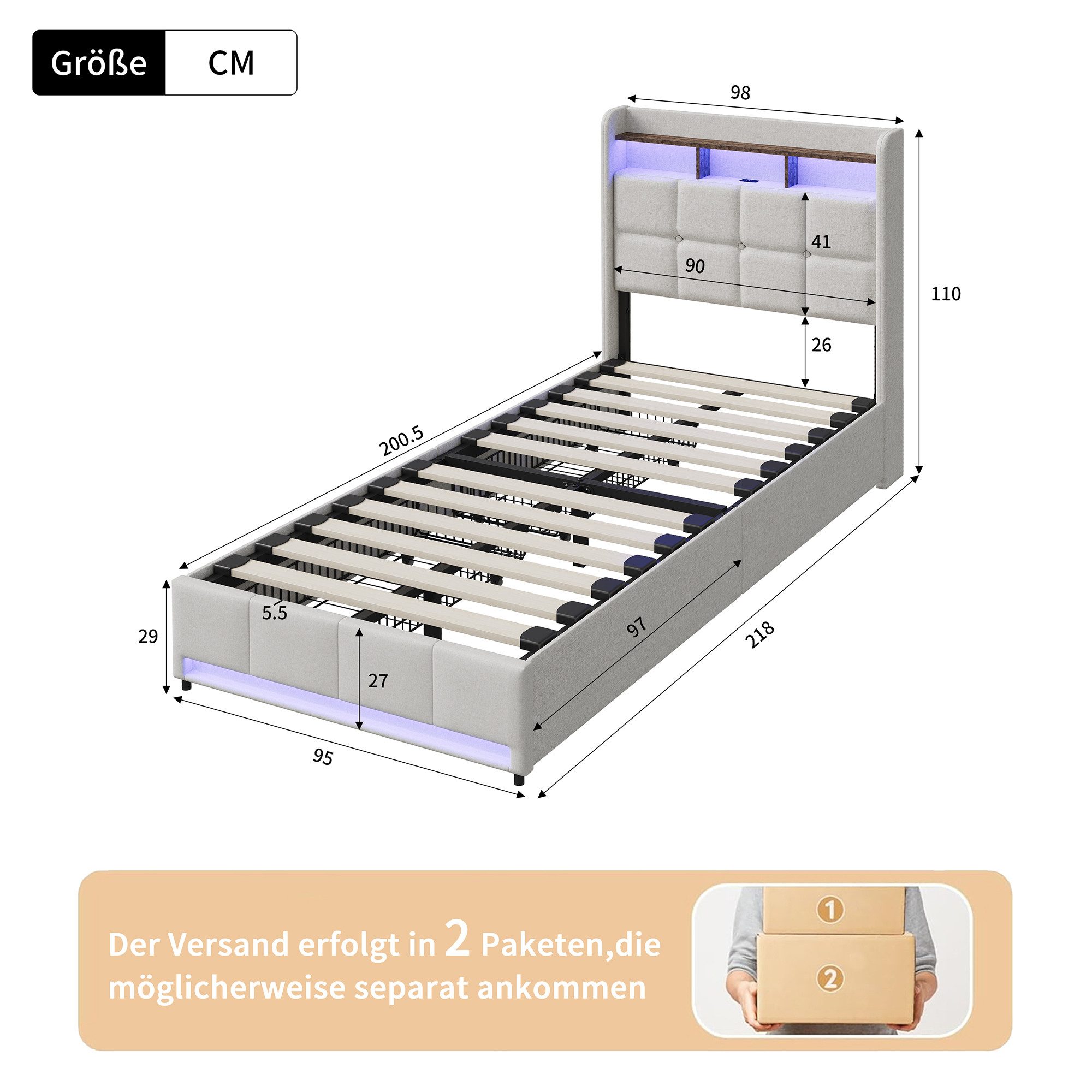 Furnishings Home Polsterbett 90x200 cm, LED Stauraumbett Jugendbett (1-tlg., Leinenmaterial, Komforthöhe, Leises Design Bett), Mit Ladefunktion und 2 Schubladen – Bild 5 von 5
