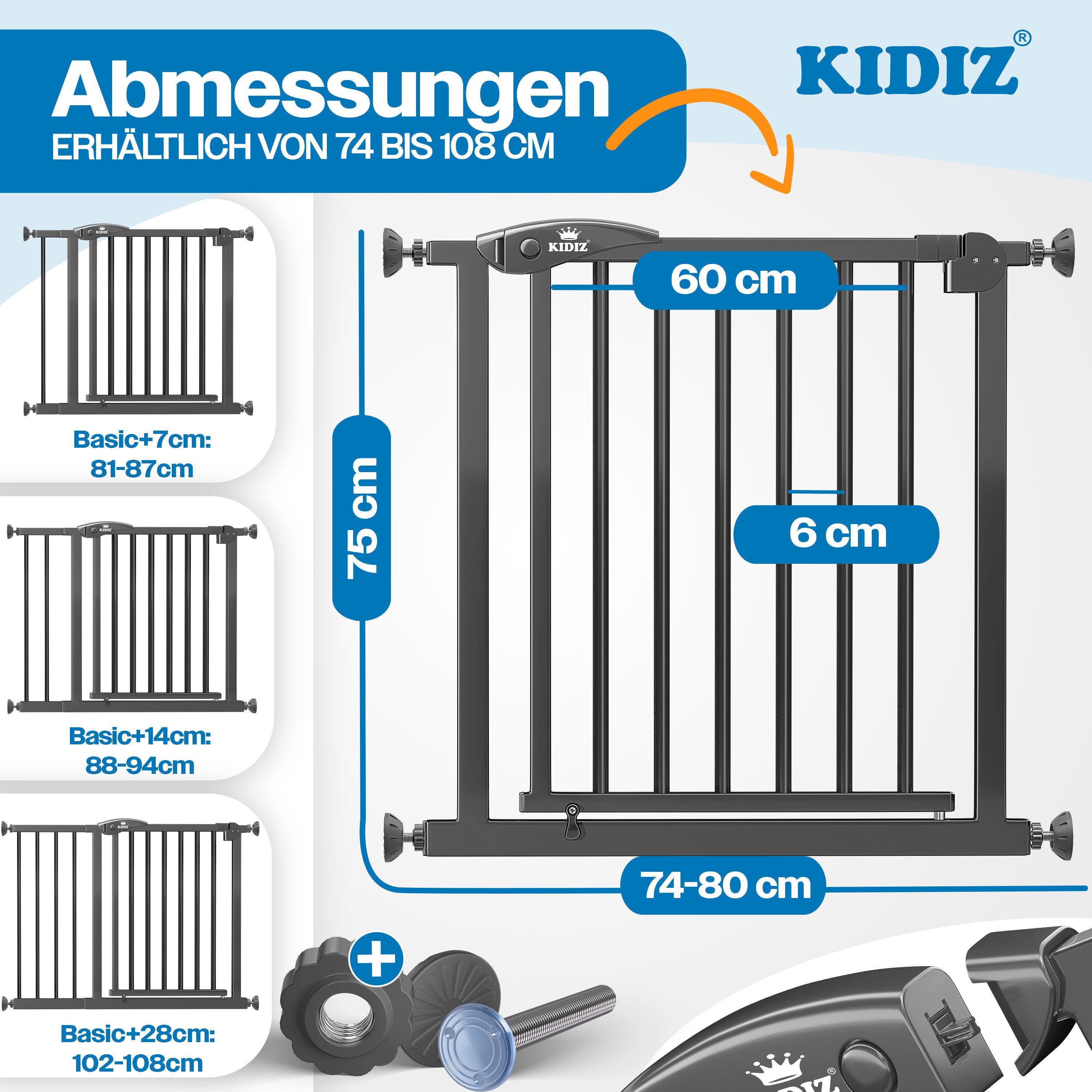 KIDIZ Türschutzgitter, auch als Schutzgitter für Treppen, Auto Close, Kinder Treppengitter