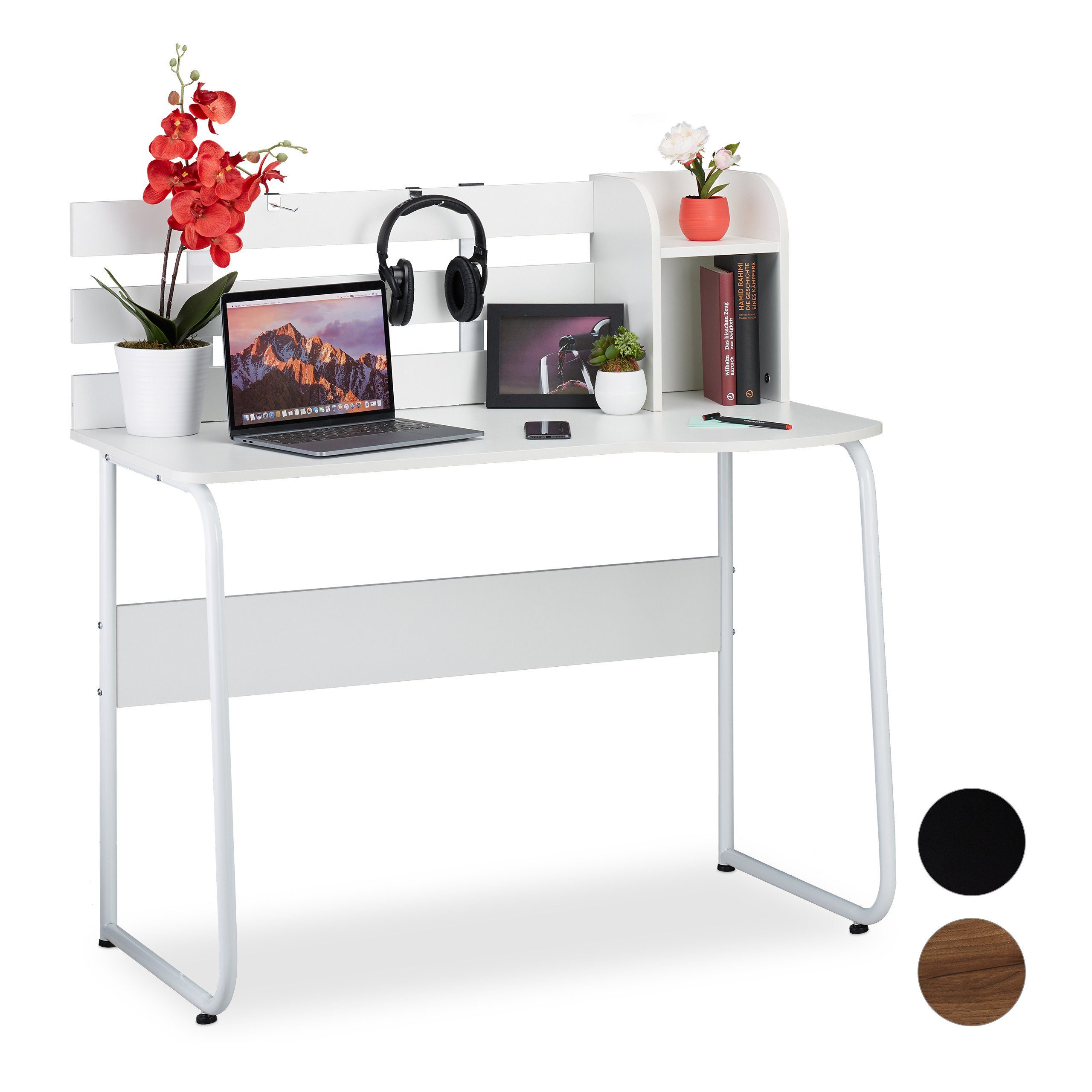 relaxdays Schreibtisch Schreibtisch mit Rückwand und Ablage, Weiß / Weiß