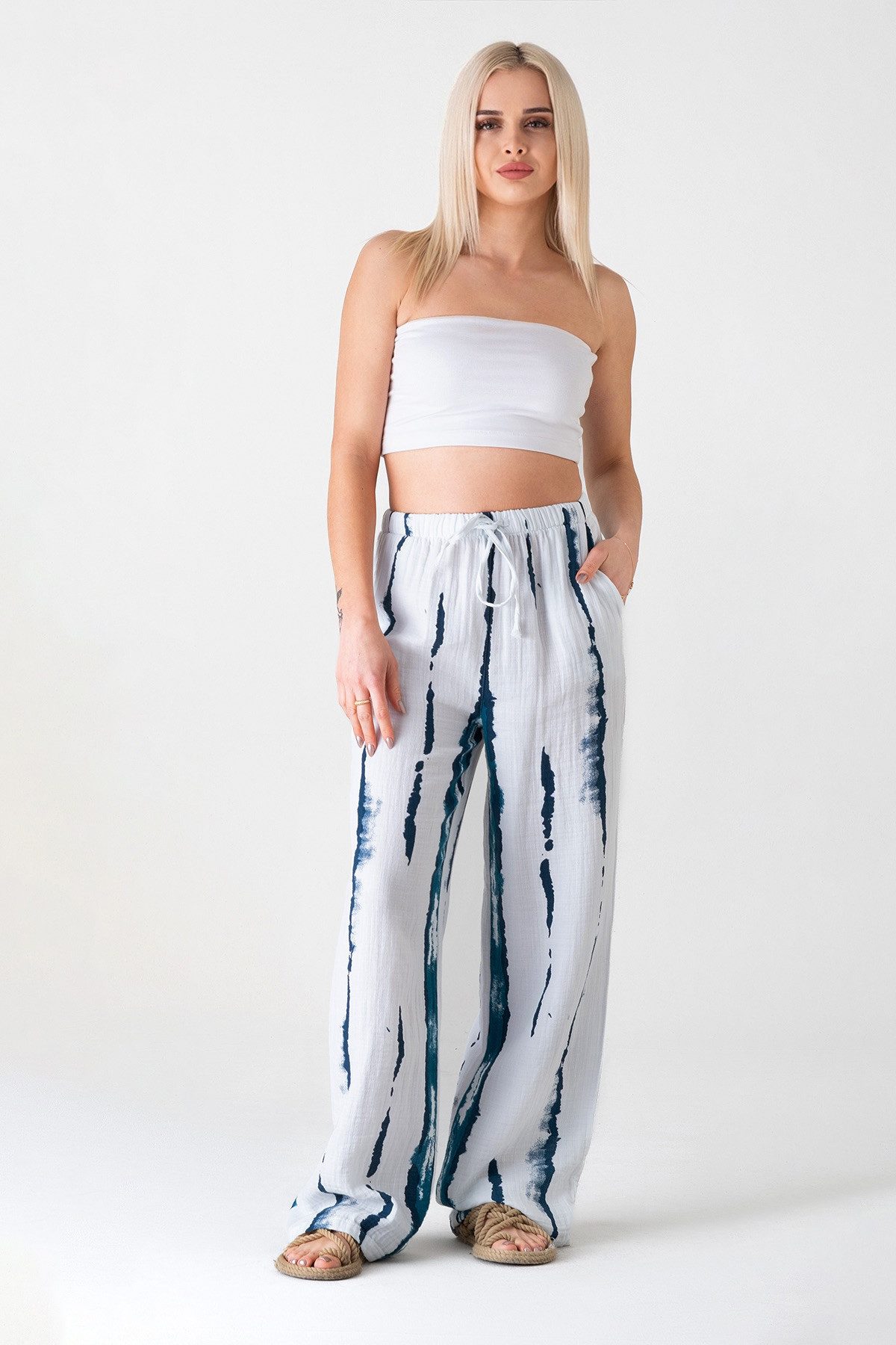 WENOR Palazzohose Musselin, Batik-Druck, 100 % Baumwolle, elastisch, Petrol günstig online kaufen