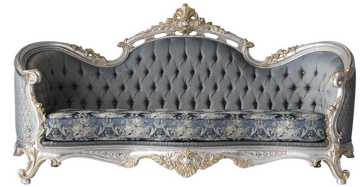 Casa Padrino Sofa Luxus Barock Wohnzimmer Sofa mit dekorativen Kissen Grau / Blau / Silber / Gold 250 x 95 x H. 125 cm - Edel & Prunkvoll