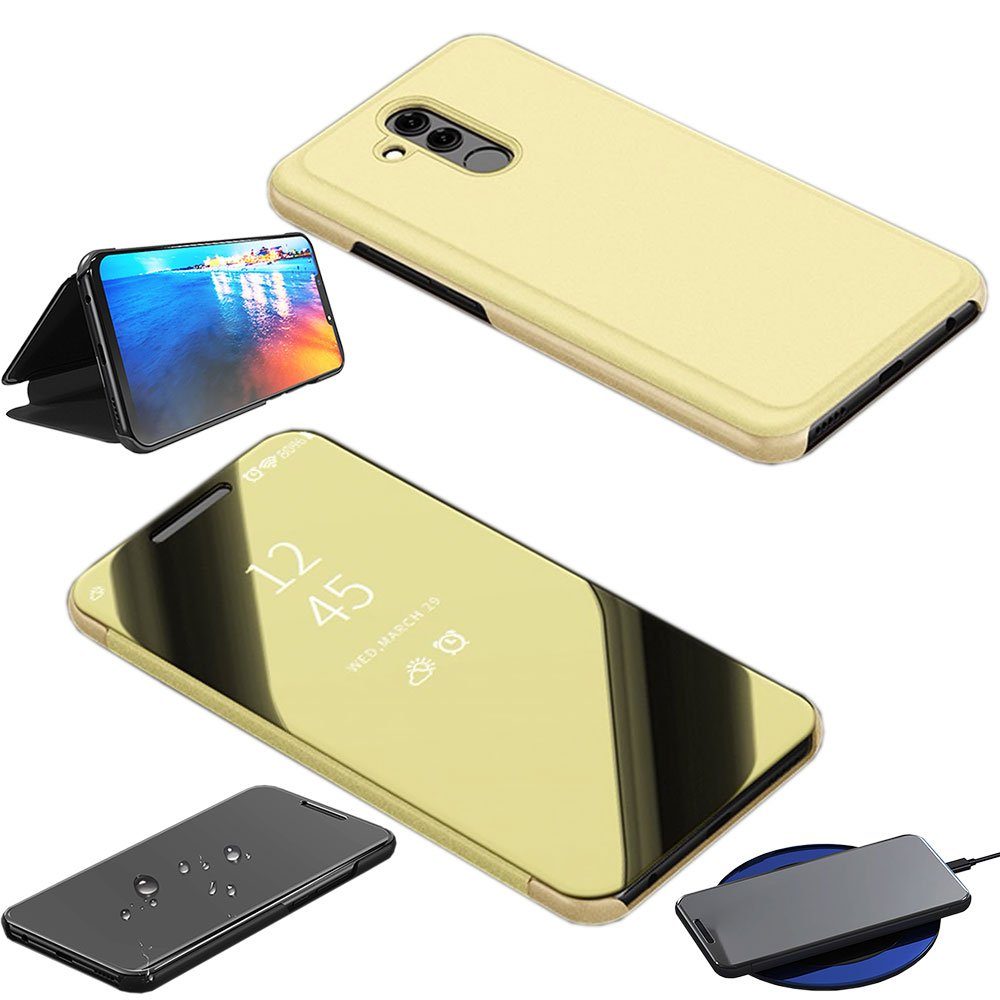 Wigento Handyhülle »Für Xiaomi Mi 9 Clear View Spiegel Mirror Smartcover  Gold Schutzhülle Cover Etui Tasche Hülle Neu Case Wake UP Funktion«