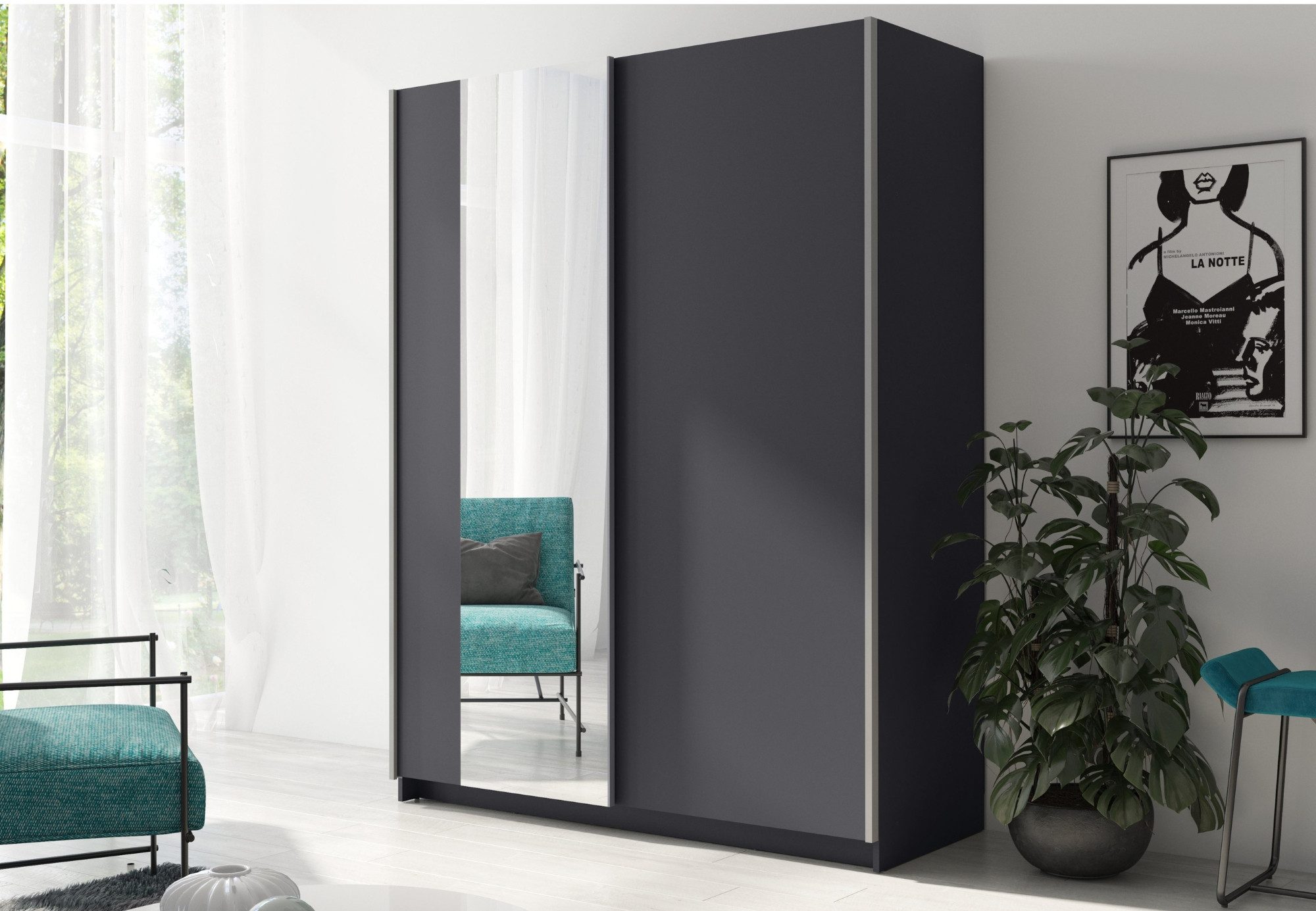 Home Collective Schwebetürenschrank Kleiderschrank Schlafzimmerschrank Schrank Garderobe, 150 oder 180 cm (mit einseitigem Spiegel an der linken Schiebetür) 4 Böden & Kleiderstange für viel Stauraum Graphit 150 cm Breite
