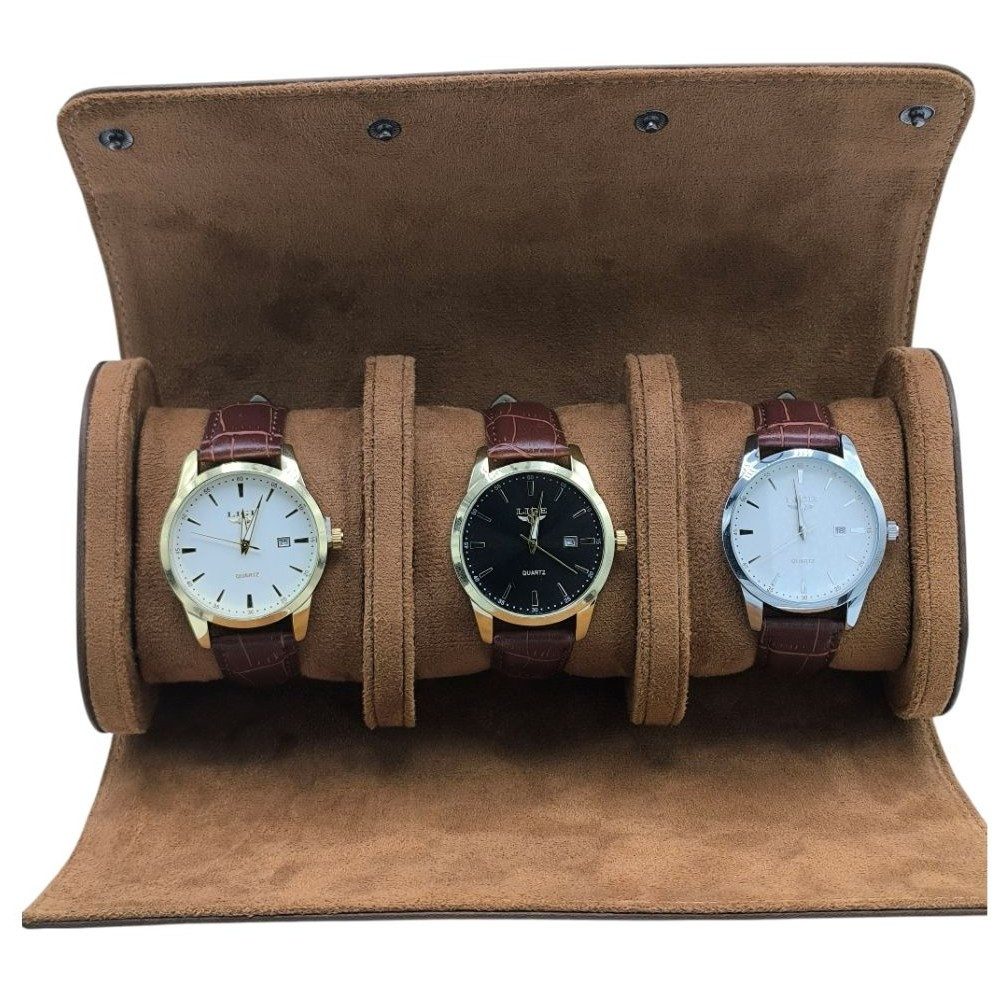 Tidy Quarzuhr Geschenkset Uhrenrolle Braun inkl 3x LIGE 89143 Business Uhr 89143, (3xHerrenuhr, Uhrenrolle)