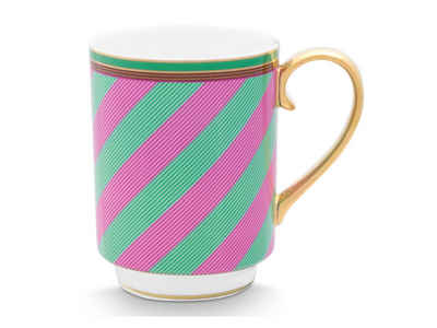 PiP Studio Becher Chique Stripes Henkelbecher groß pink-green 350ml, Porzellan