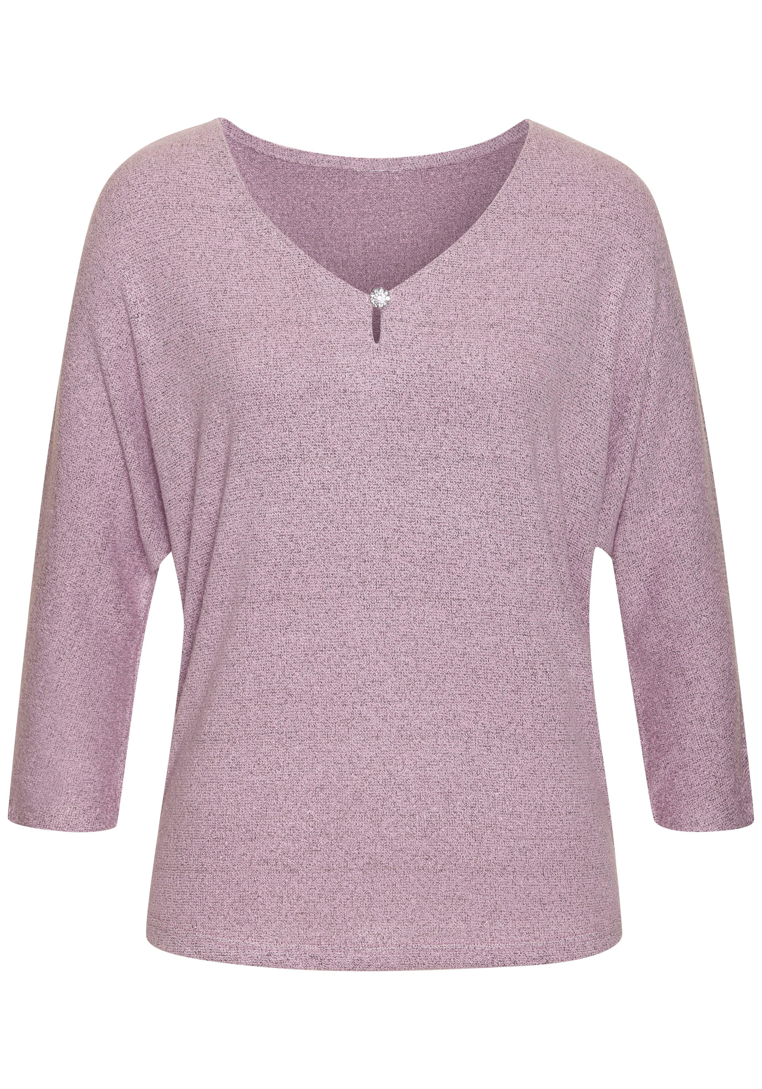 LASCANA 3/4-Arm-Shirt mit Strassknopf in Blütenform aus leichtem Feinstrick in Melange Optik. € 34,99, (€ 34,99 pro 1 Stk).