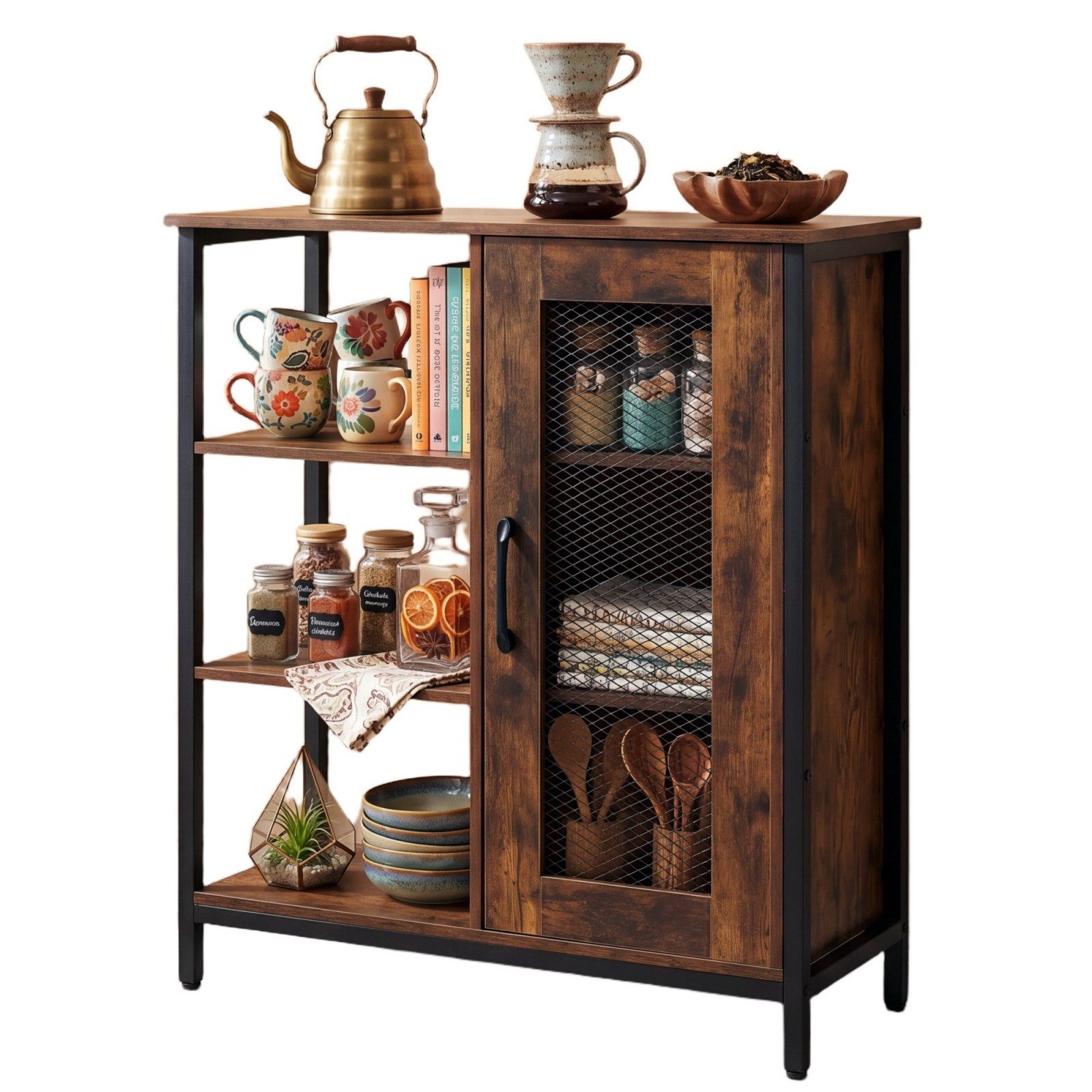 KOMFOTTEU Sideboard, Buffetschrank Küchenschrank mit 3 offenen Fächern, Gittertür