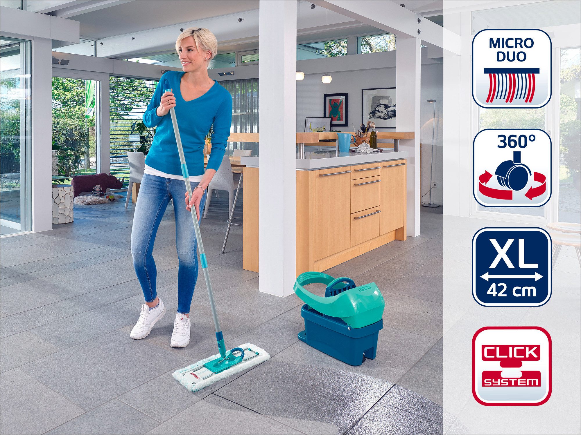 Leifheit Wischmopp Set Wischtuchpresse Profi XL mit Rollen und Bodenwischer, (4-St), Waschbar bei 60°C, Wischbreite 42cm, mit Rollen, 360° Drehgelenk