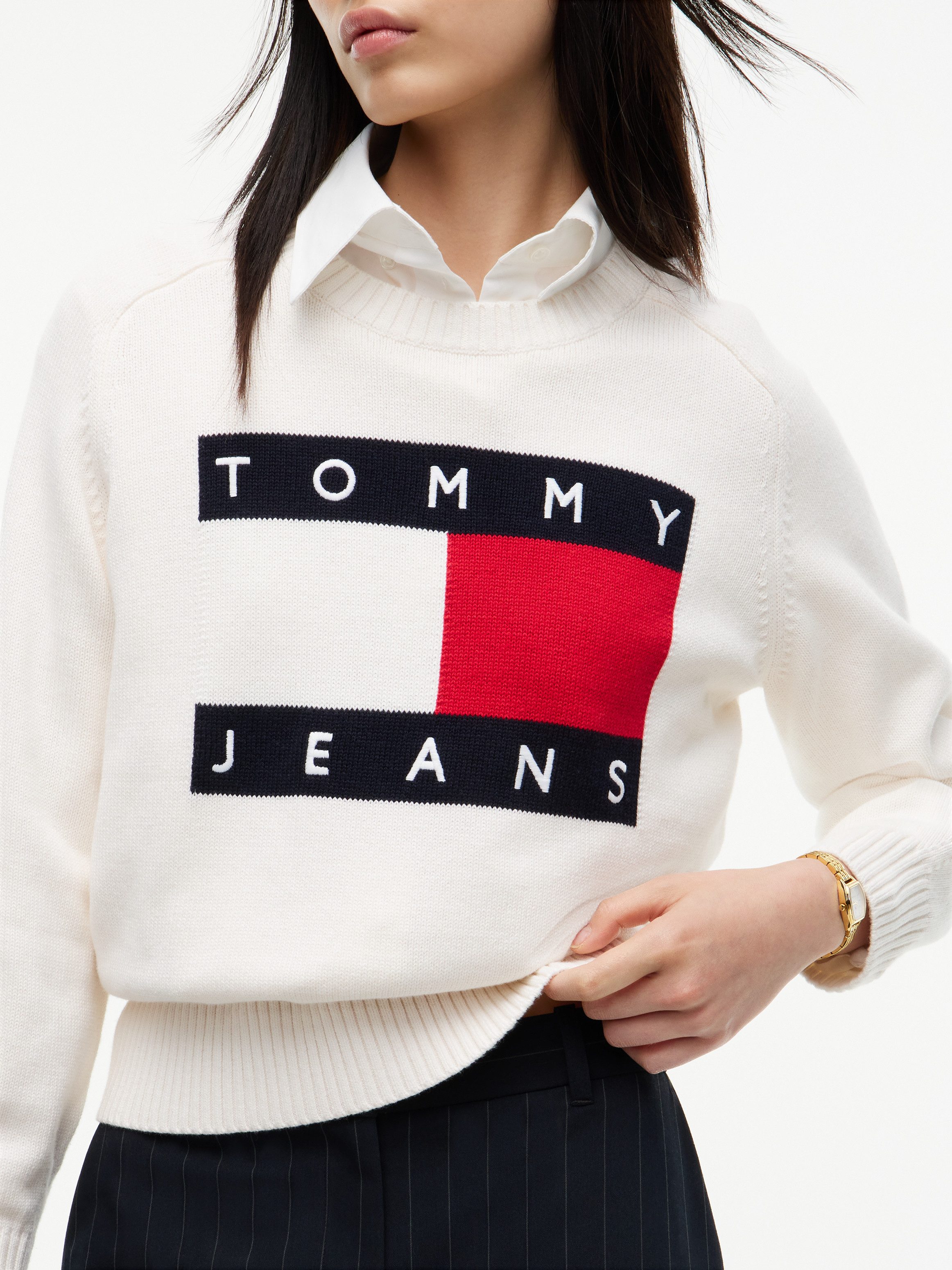 Tommy Jeans Rundhalspullover TJW FLAG SWEATER EXT Baumwollmischung