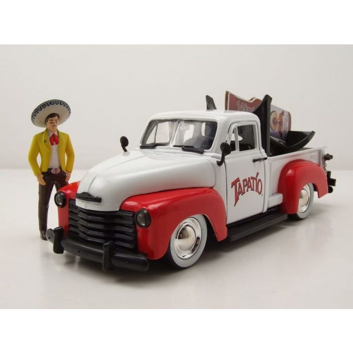 JADA Modellauto Chevrolet Pick Up 1953 weiß rot mit Tapatio Charrow Man Figur Modellau Maßstab 1:24
