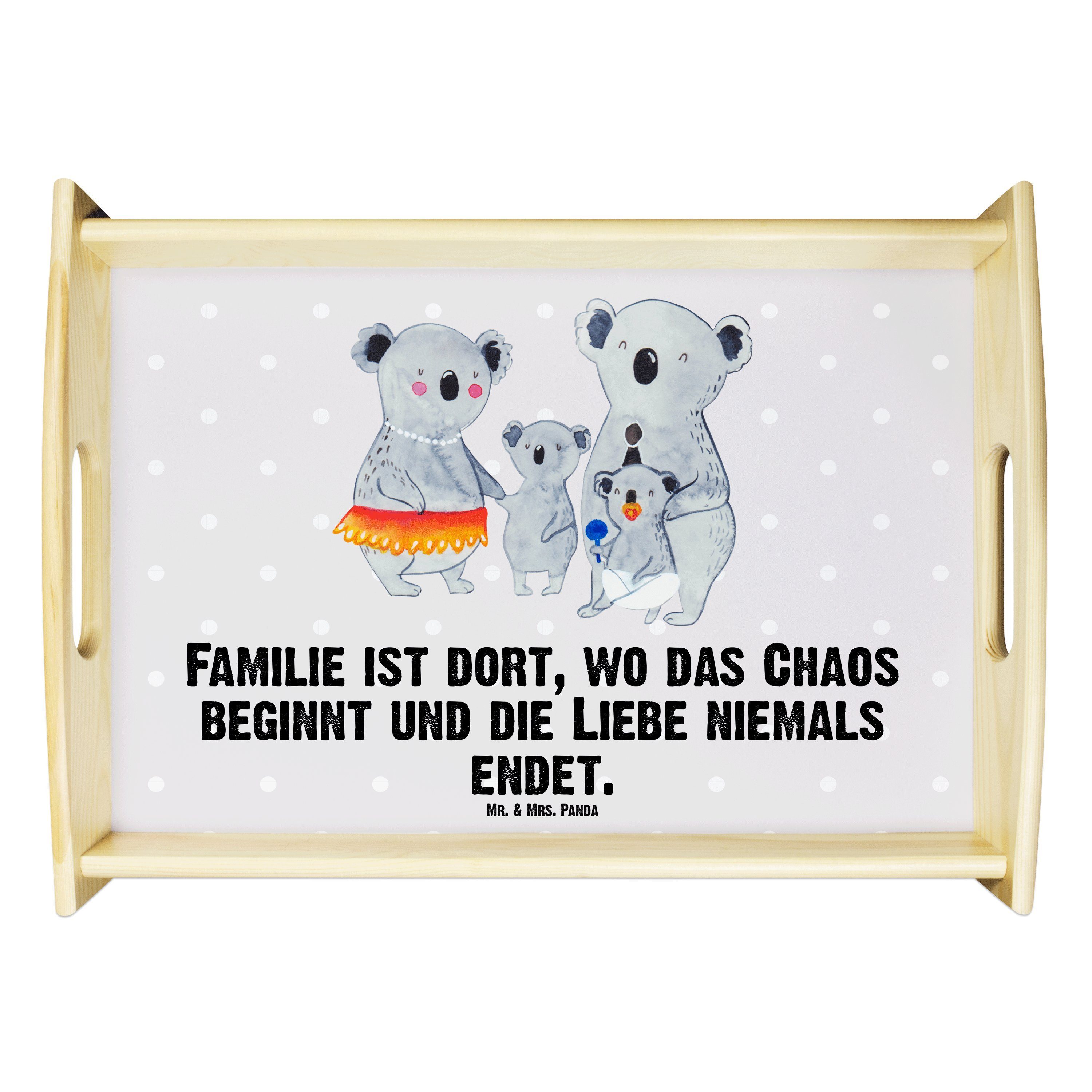 Mr. & Mrs. Panda Tablett Koala Familie - Grau Pastell - Geschenk, Küchentablett, Holztablett, Echtholz lasiert, (1-tlg)