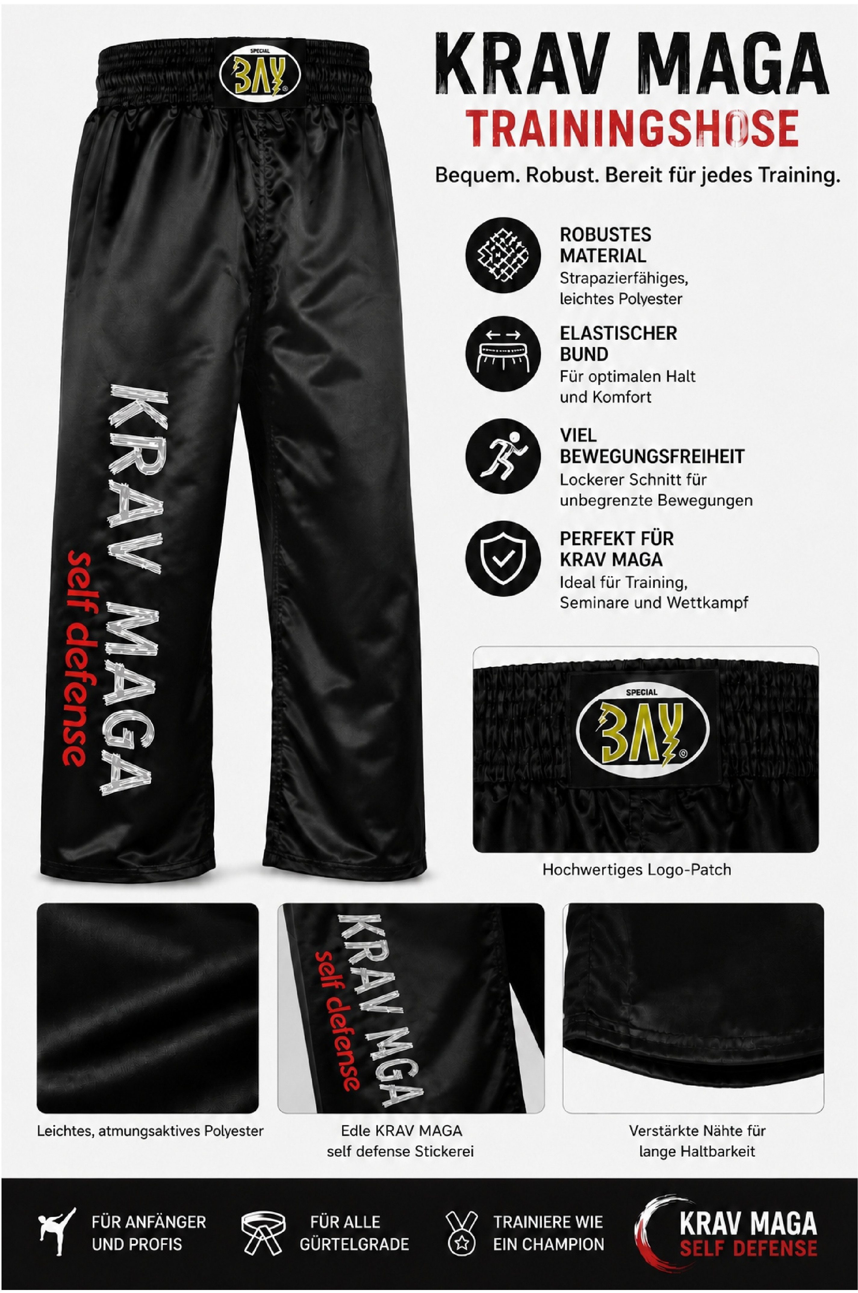 BAY-Sports Sporthose Kampfsporthose KRAV MAGA SATIN Hose lang Kampfsport lange, leichte, locker sitzende Trainingshose, Schwarz/Grau/Silber/Rot