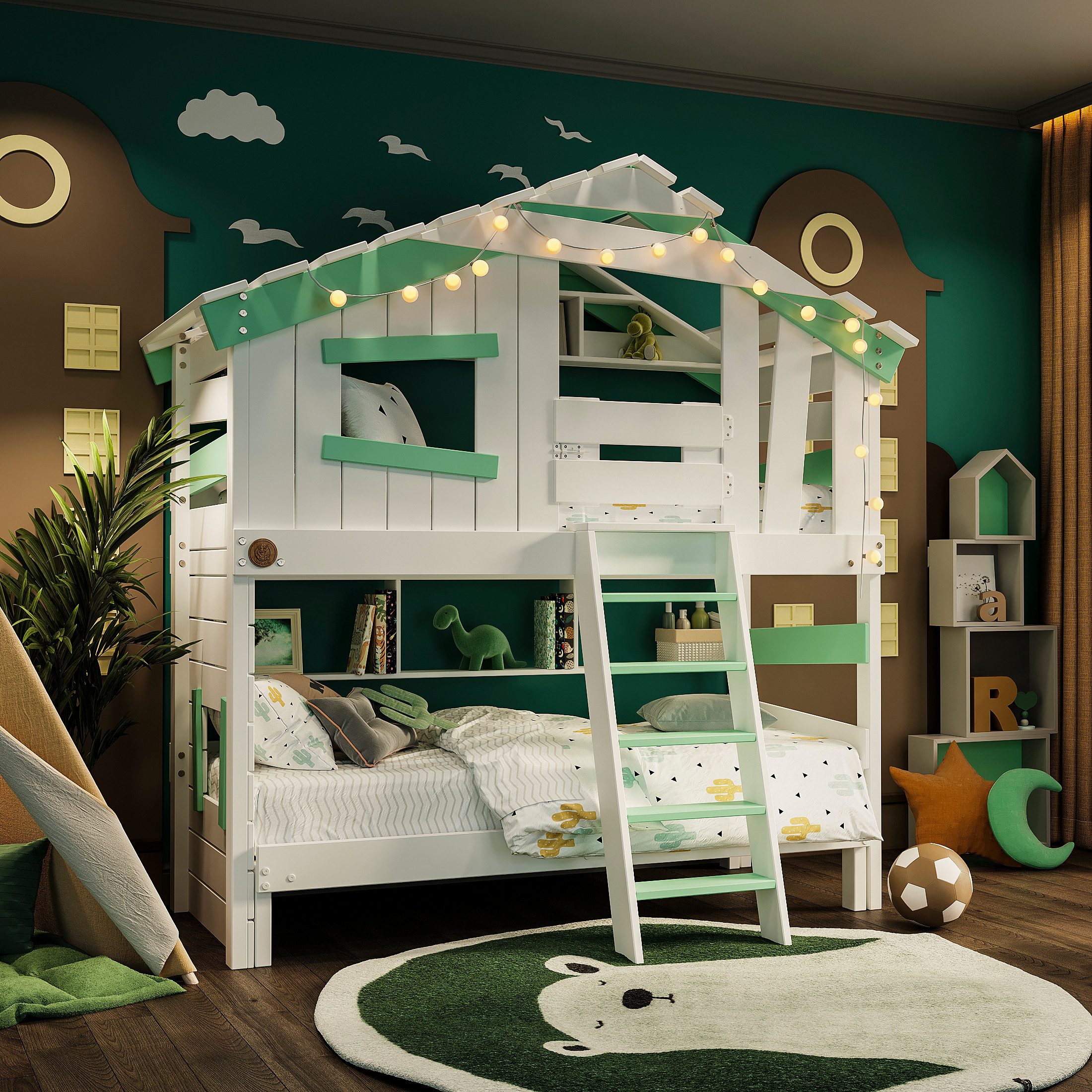 bibex Hochbett ALPIN CHALET Hochbett, Kinderbett, Etagenbett - Grün/Weiß