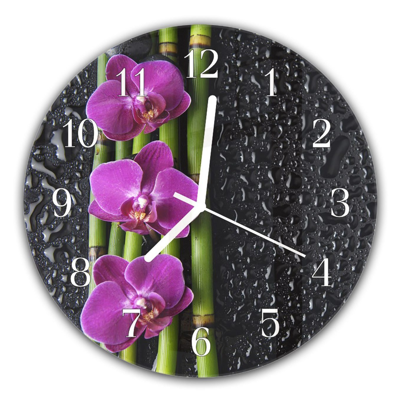 Primedeco Wanduhr Wanduhr aus Glas mit Motiv Orchideenblätter auf Bambus - Rund mit Durchmesser 30 cm und Quarzuhrwerk