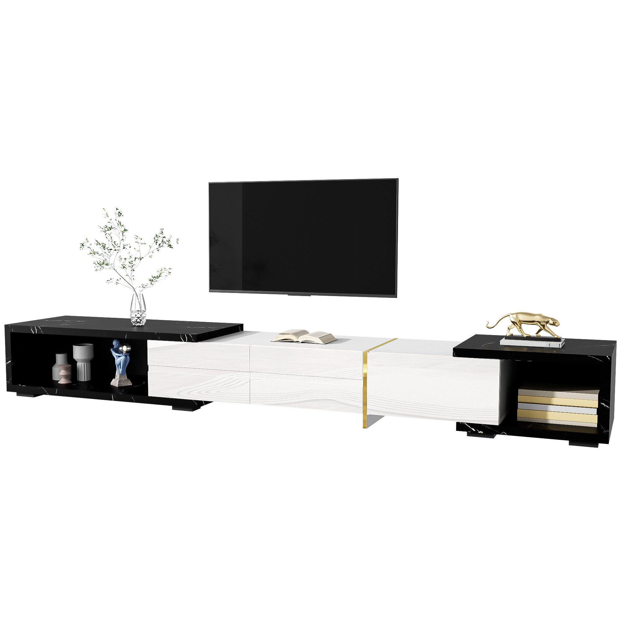 Refined Living TV-Schrank mit variabler Länge, Fernsehtisch mit Marmoroptik, Lowboard, TV-Möbel (1-St., mit Hochglanz-Matt-Finish und goldenen Verzierungen)