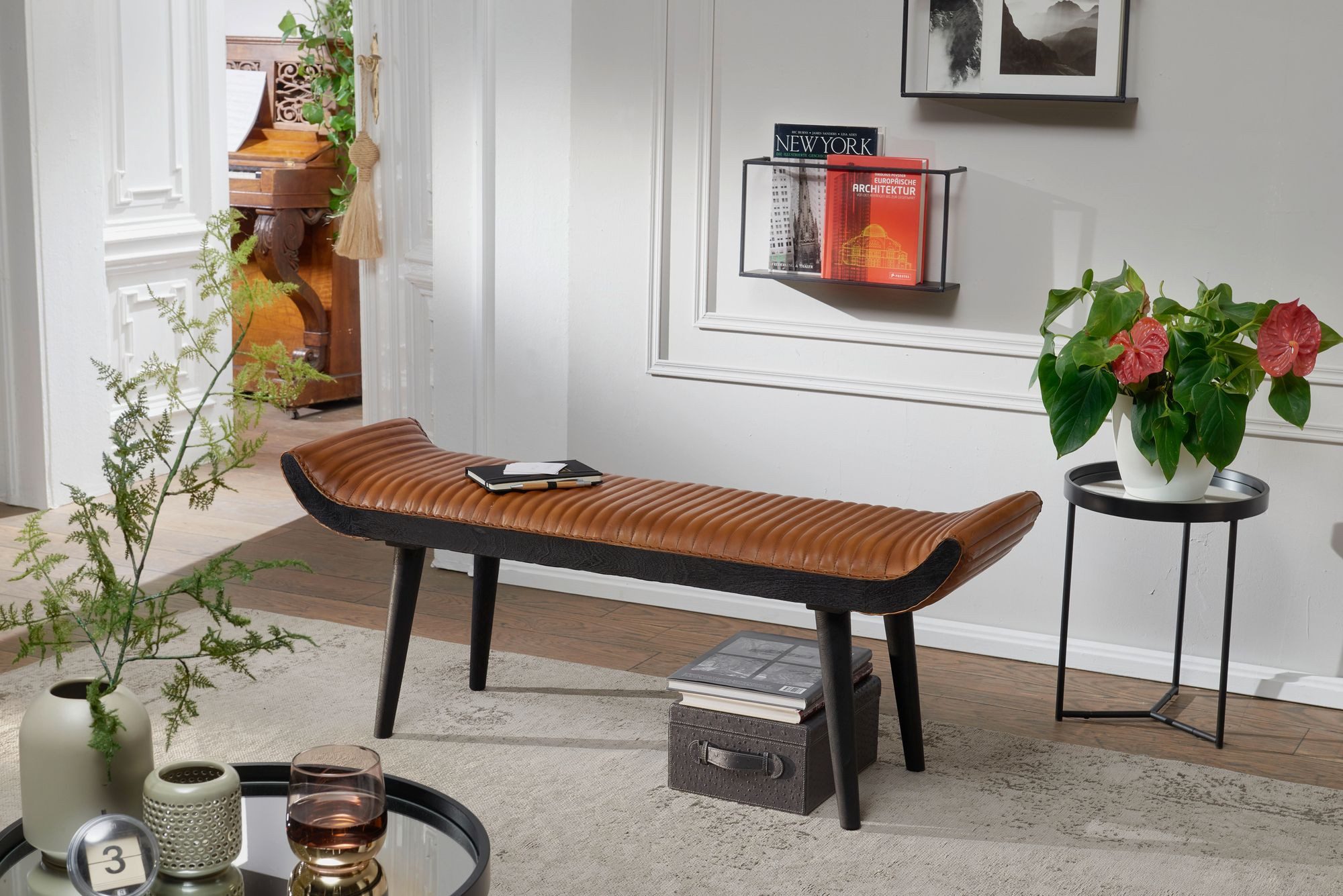 furnicato Bank Lederbank Vollholz 125x38x51 cm Braun (1-St), Echtleder-Sitzbank mit Rillen-Muster und Noppen für deinen Flur