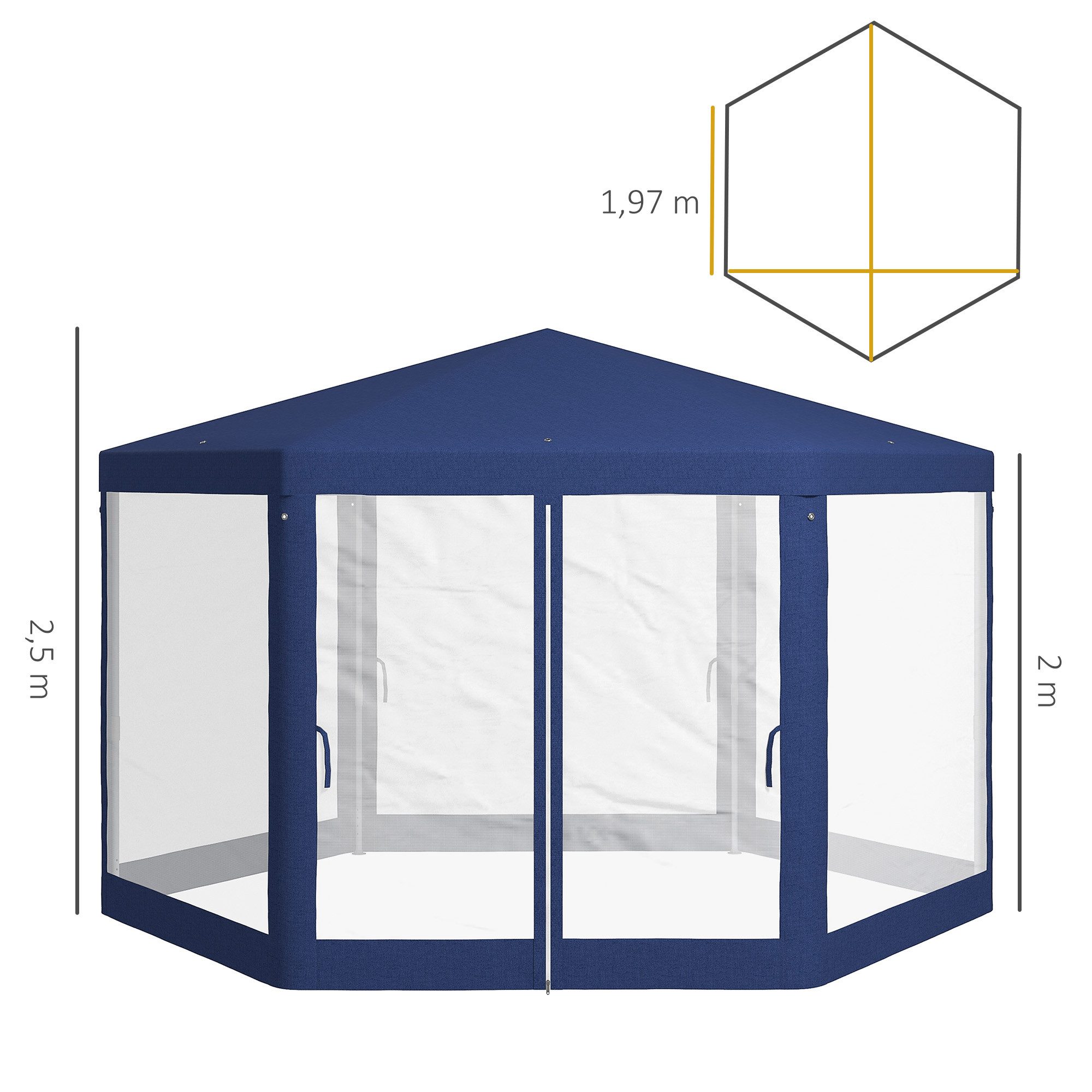 Outsunny Pavillon 4x3m, Sechseckig, wasserabweisend, winterfest, mit Moskitonetz, mit 1 Seitenteilen, (Gartenzelt, Festzelt), mit 6 Seitenteilen, für Camping, Garten, Blau
