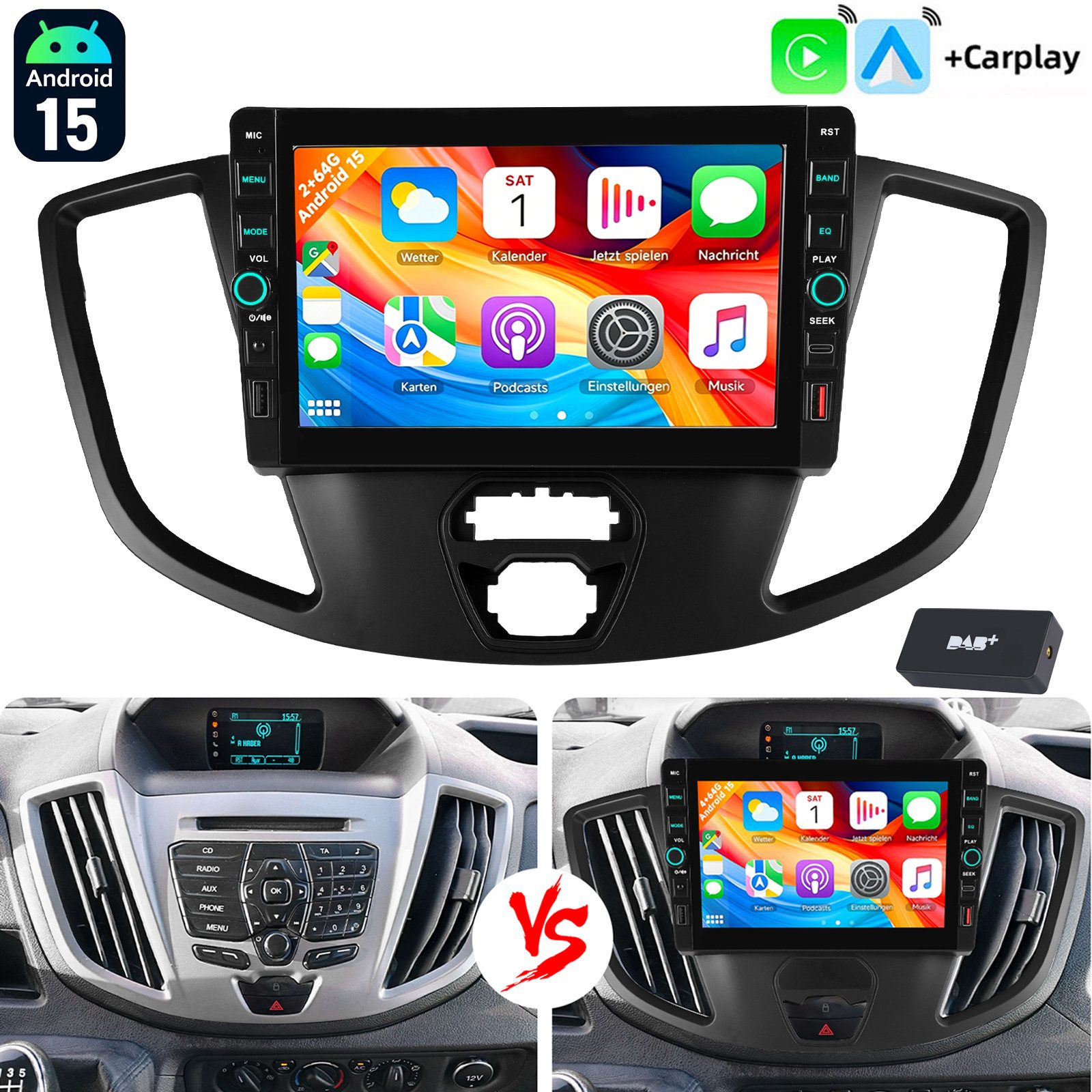 ESSGOO Für Ford Transit 15-19 Android 15 Autoradio GPS Navi Carplay BT USB FM Autoradio (RDS, 4+64GB(optional), Digitalradio (DAB), FM)