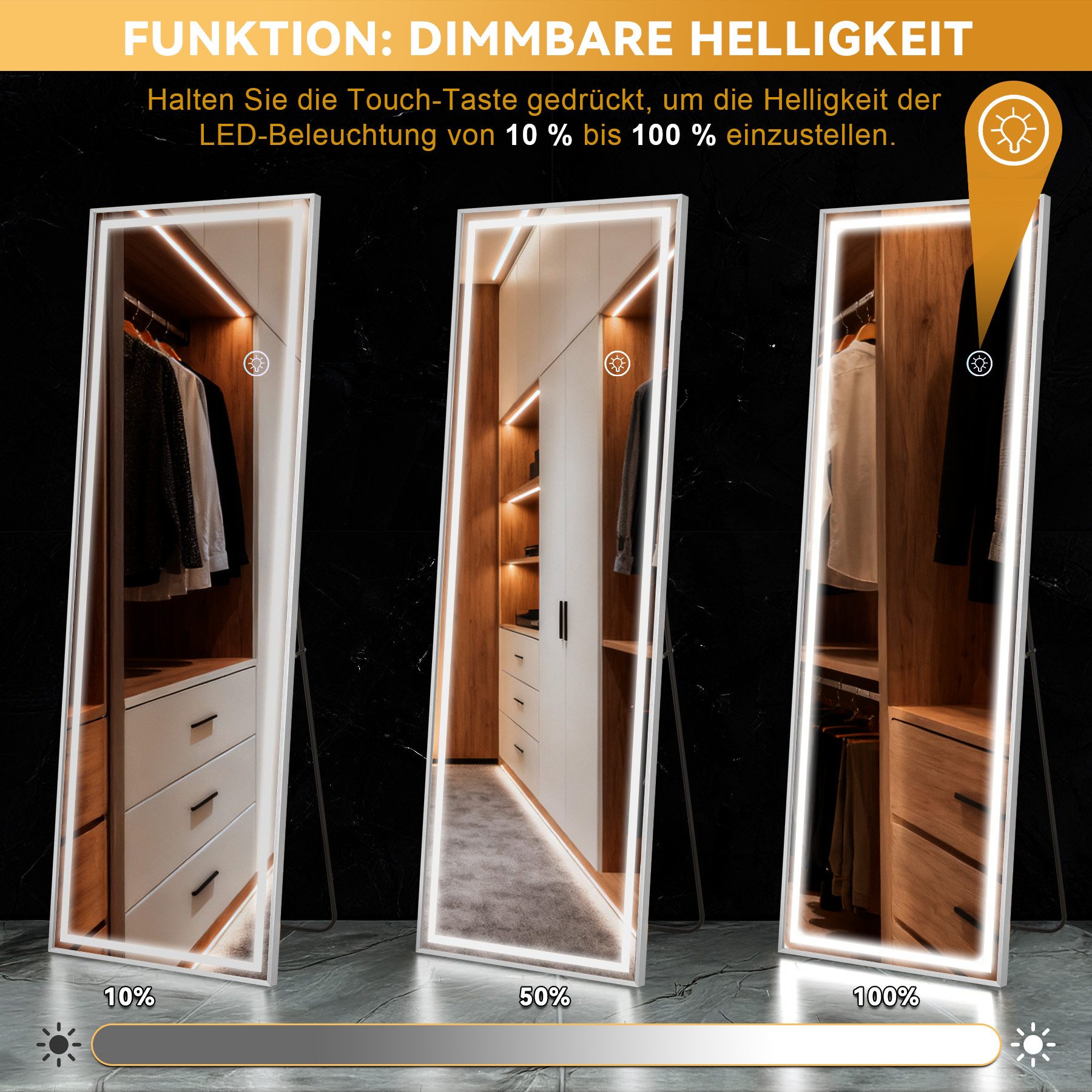 BBWL Ganzkörperspiegel mit LED-Beleuchtung, 160 x 50 cm, 3 Farbtemperaturen, dimmbar, Touch-Sensor, Metallrahmen – Bild 5 von 5