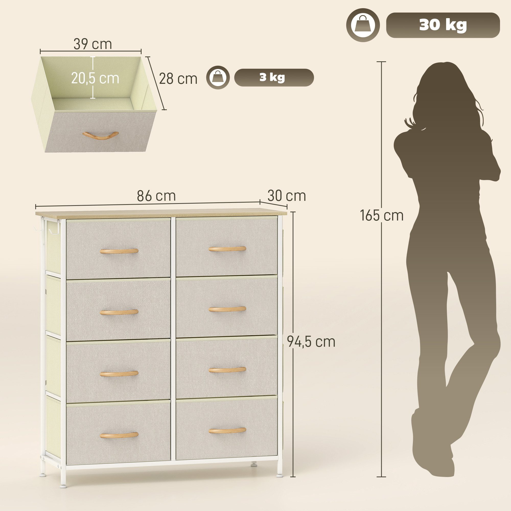 HOMCOM Kommode Aufbewahrungsschrank mit Haken, Stahlrahmen, Sideboard (Schubladenschrank, 1 St., Aufbewahrungsschrank), Modern Sideboard für Schlafzimmer, Wohnz – Bild 3 von 5