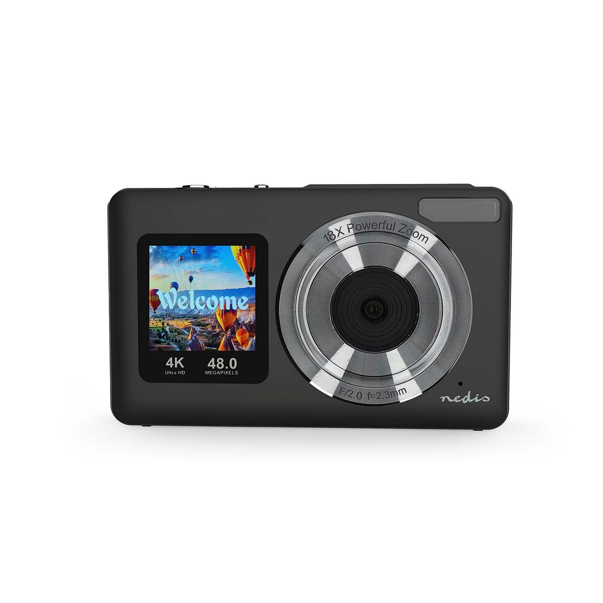 Nedis PCAM2530BK Vollformat-Digitalkamera (48 MPixel, 4K-Video, dualer Bildschirm für Selbstaufnahmen)